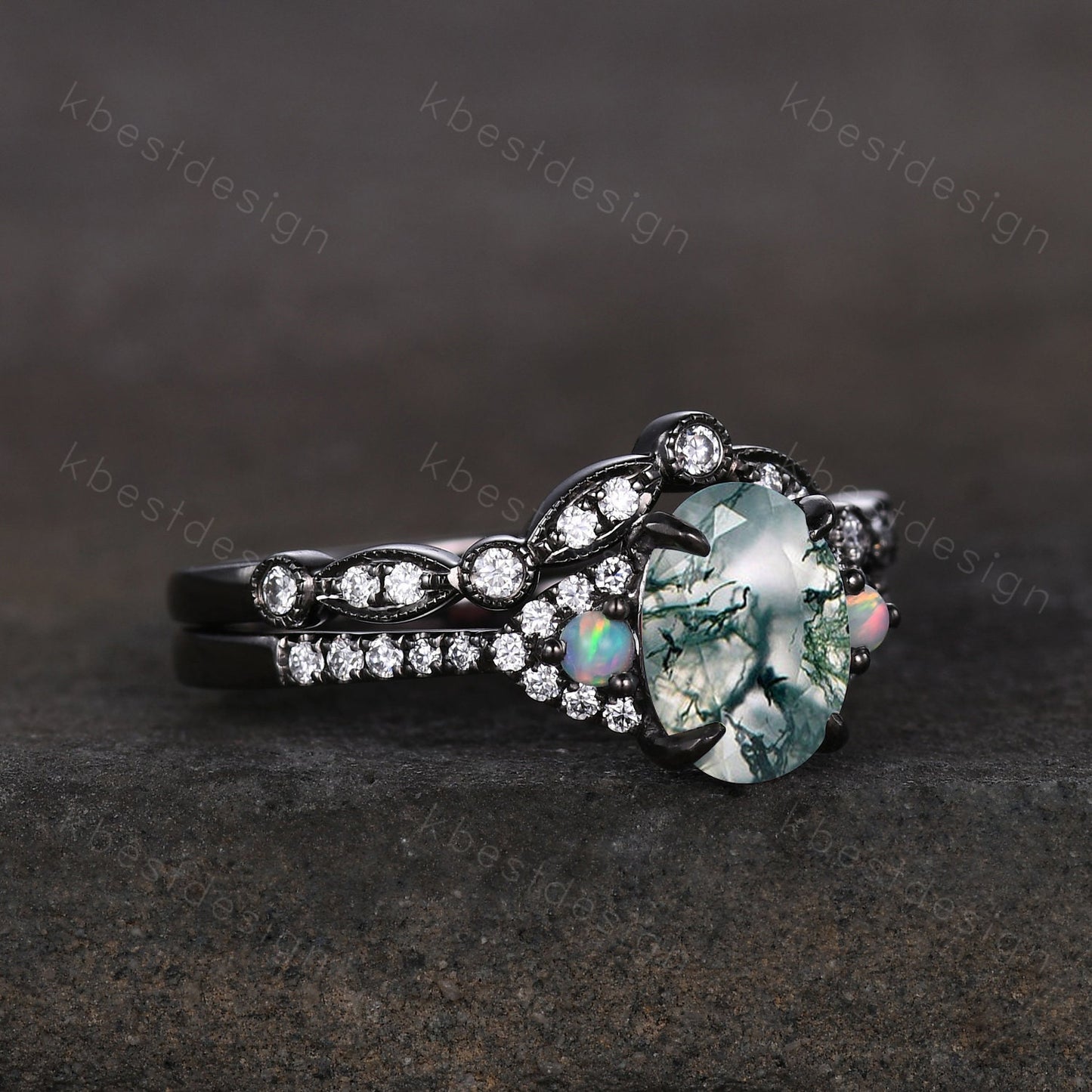 Vintage moss agate engagement ring set black gold green moss agate ring unique curved Moissanite stacking band oval cut bridal wedding set
