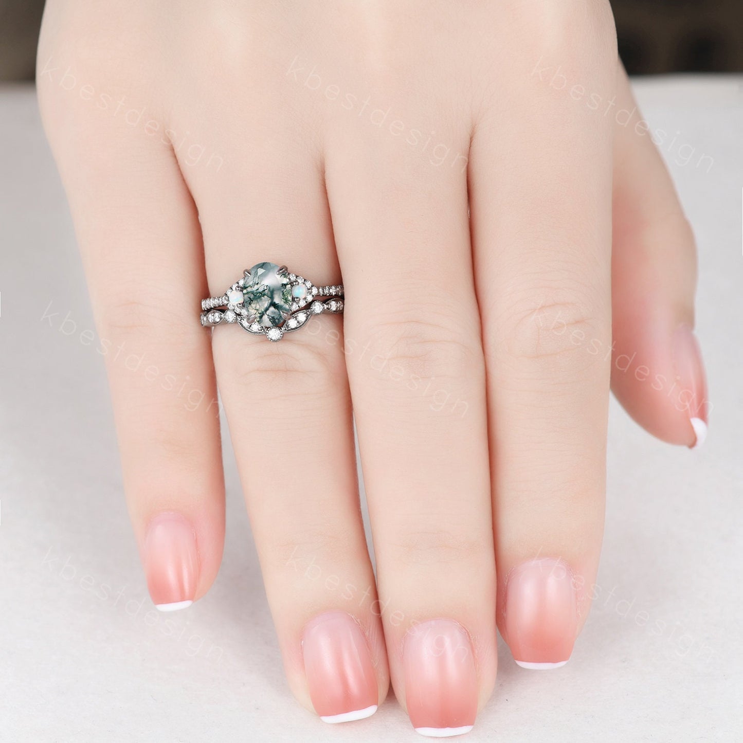 Vintage moss agate engagement ring set black gold green moss agate ring unique curved Moissanite stacking band oval cut bridal wedding set