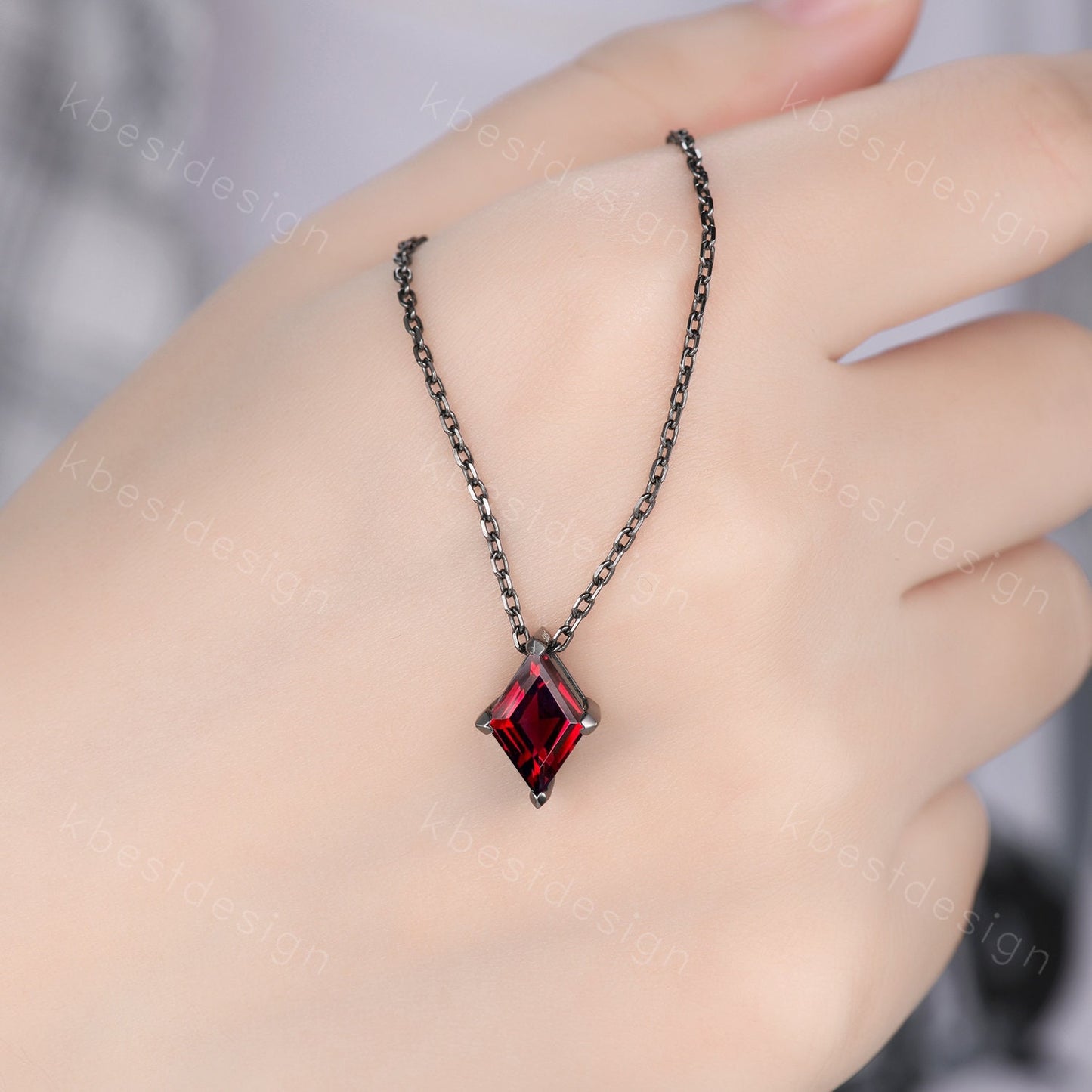 Lozenge cut Garnet Necklace Black Gold Rhodium Plated Necklace Women January Birthstone Necklace Unique Personalized Pendant Gift for Her