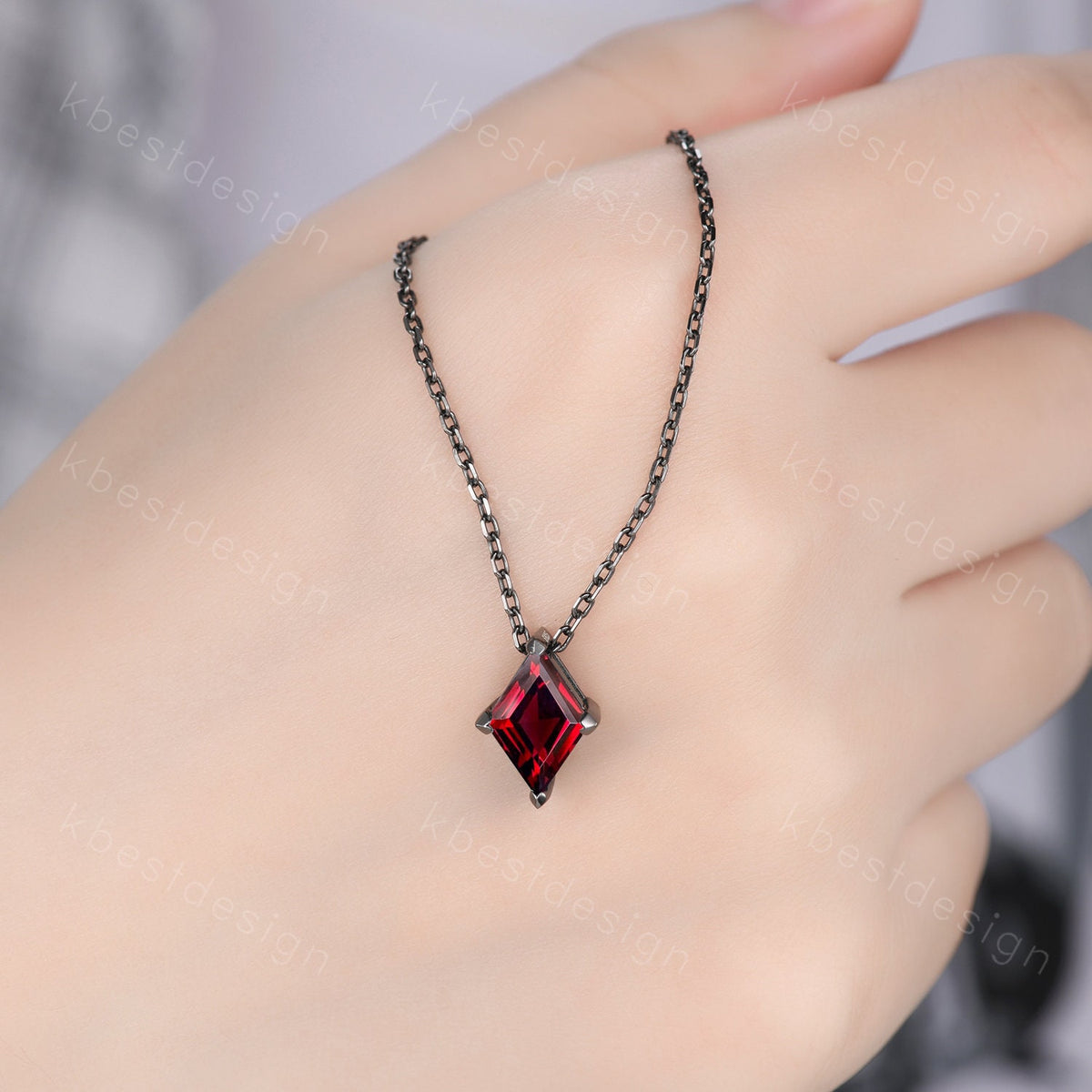 Lozenge cut Garnet Necklace Black Gold Rhodium Plated Necklace Women January Birthstone Necklace Unique Personalized Pendant Gift for Her