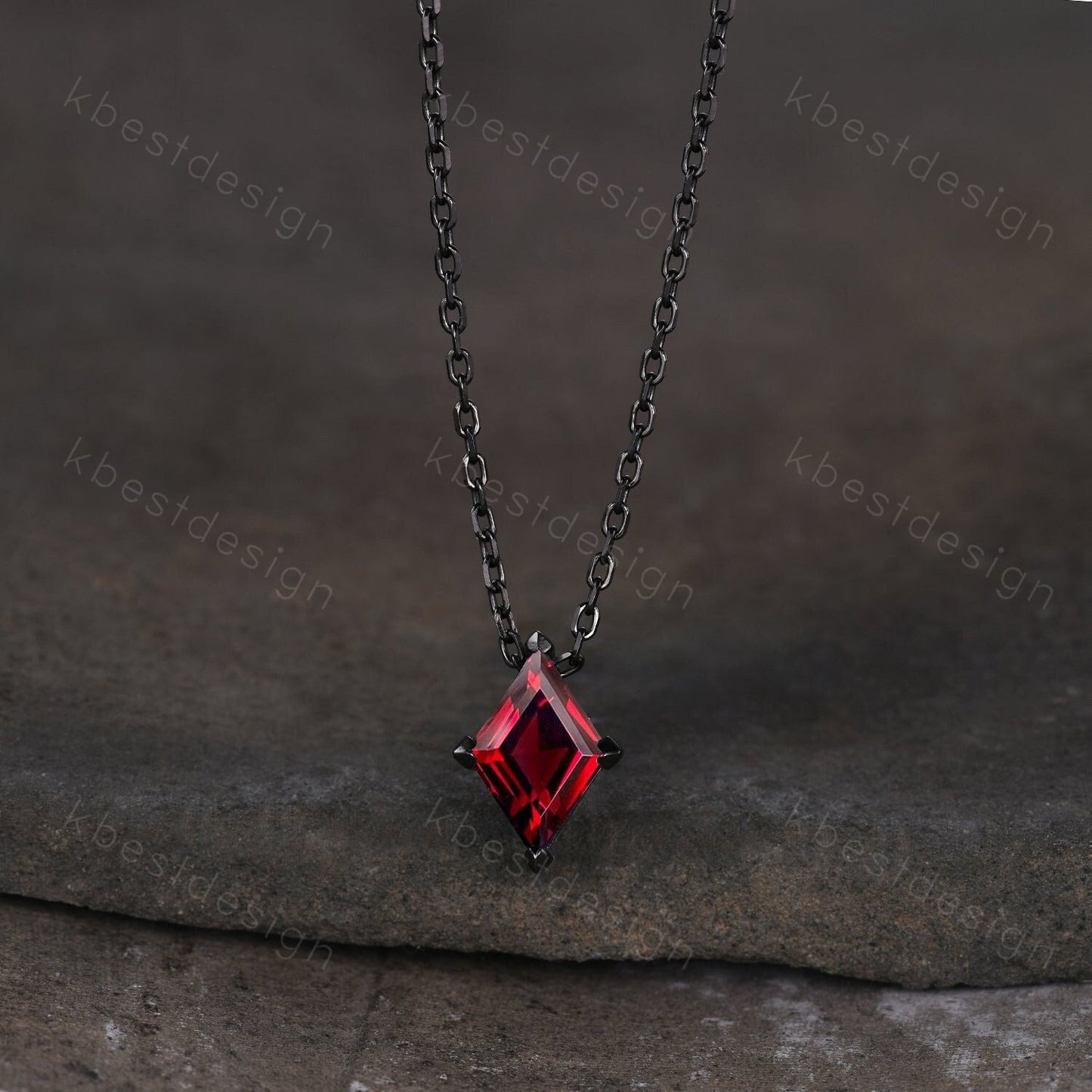Lozenge cut Garnet Necklace Black Gold Rhodium Plated Necklace Women January Birthstone Necklace Unique Personalized Pendant Gift for Her