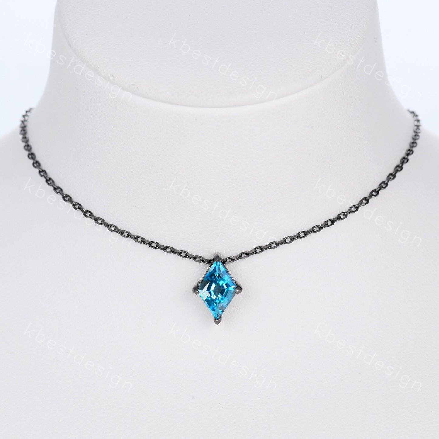 Unique lozenge cut blue topaz necklace black gold Swiss blue topaz necklace for women dainty personalized pendant anniversary bridal gift