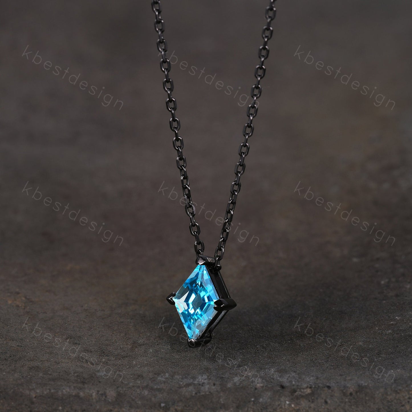 Unique lozenge cut blue topaz necklace black gold Swiss blue topaz necklace for women dainty personalized pendant anniversary bridal gift