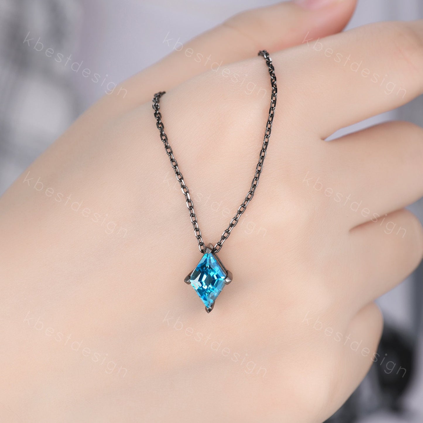 Unique lozenge cut blue topaz necklace black gold Swiss blue topaz necklace for women dainty personalized pendant anniversary bridal gift