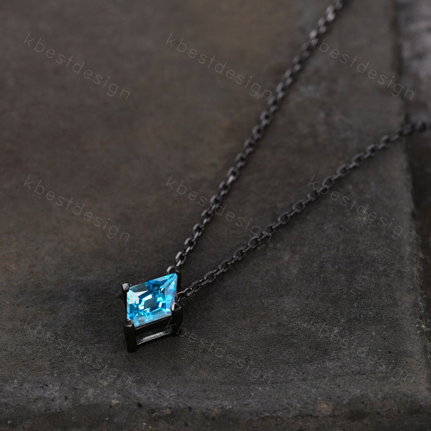 Unique lozenge cut blue topaz necklace black gold Swiss blue topaz necklace for women dainty personalized pendant anniversary bridal gift