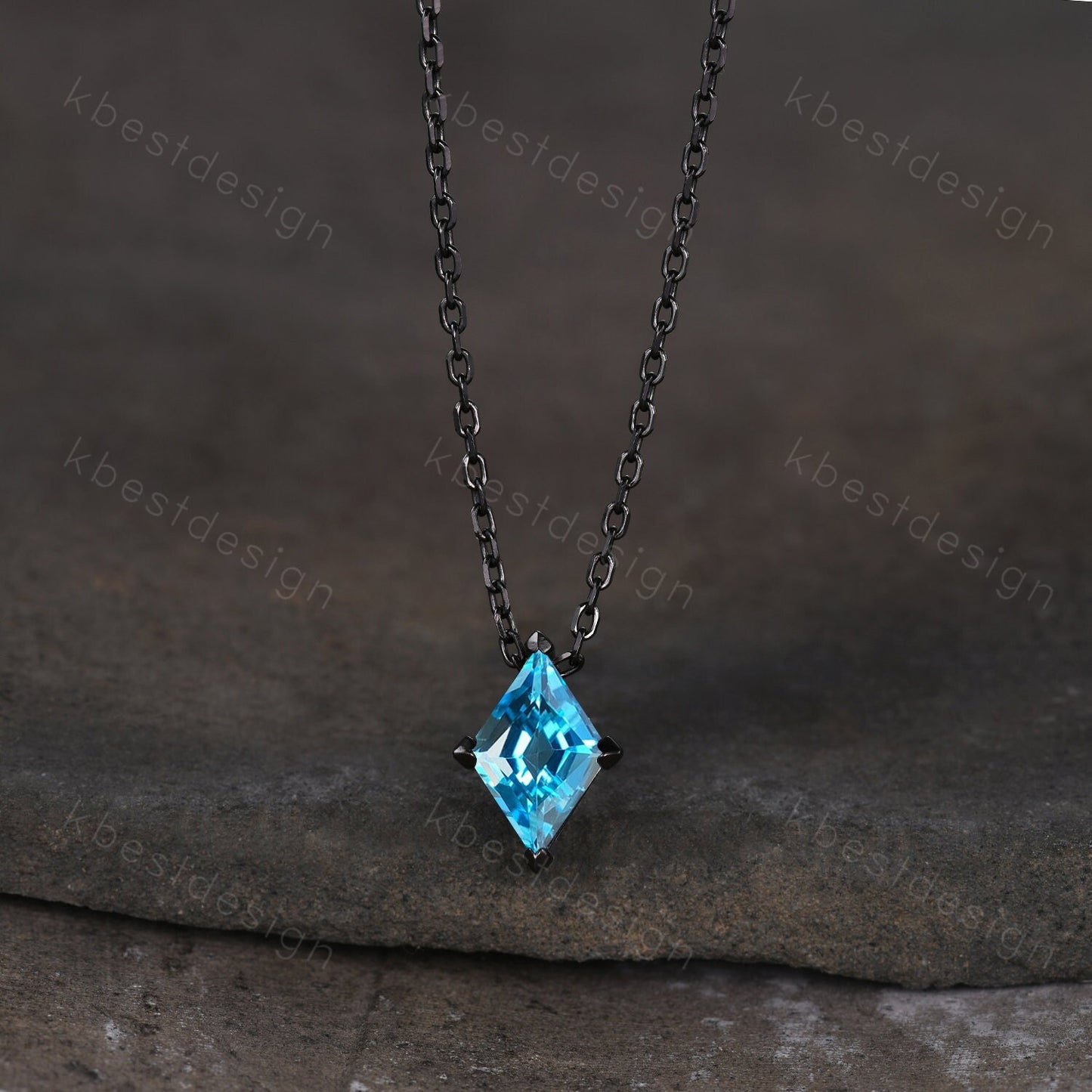 Unique lozenge cut blue topaz necklace black gold Swiss blue topaz necklace for women dainty personalized pendant anniversary bridal gift