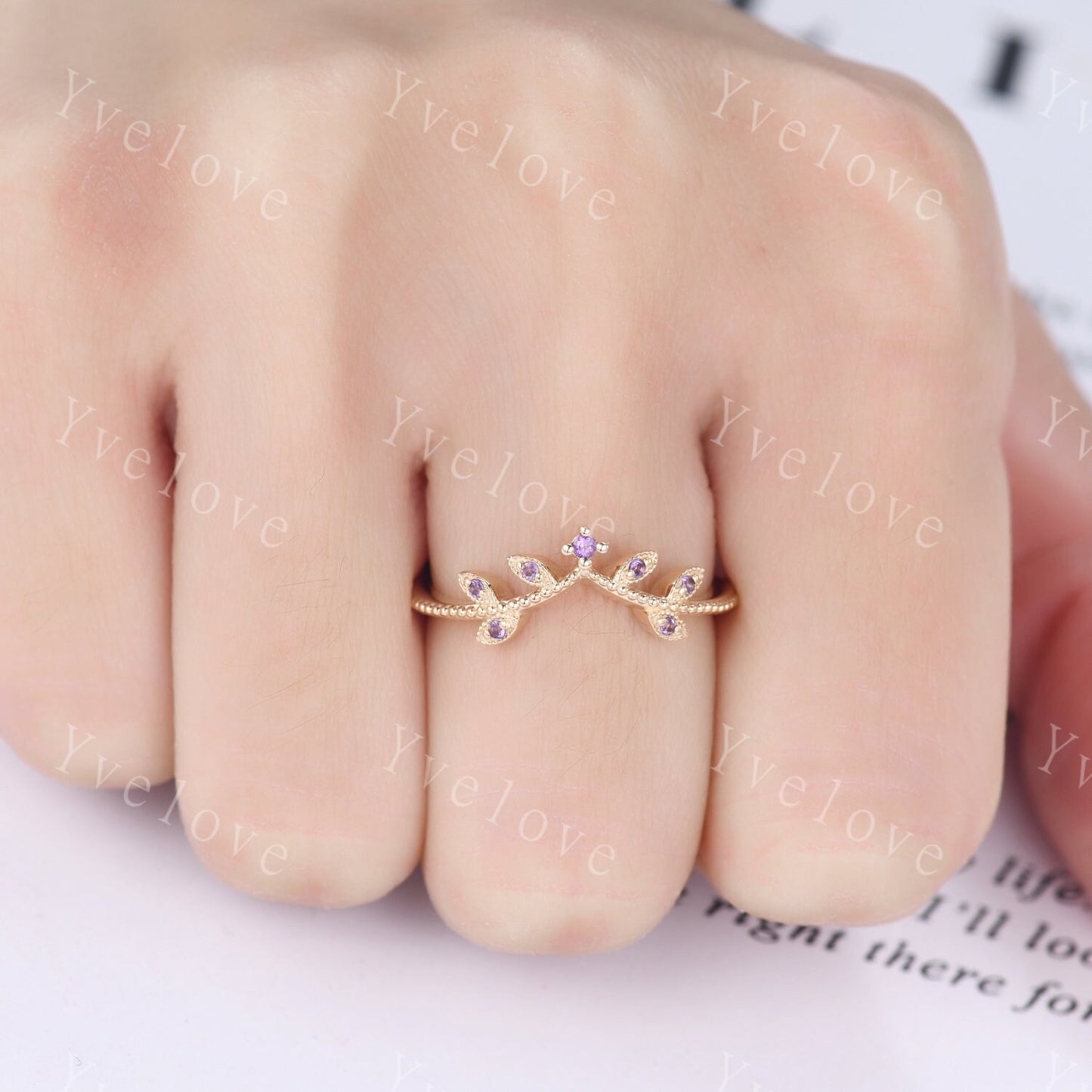 Amethyst Leaf Engagement Ring,Amethyst Matching Band,Women Stacking Band,Art Deco V Curved Milgrain Wedding Band,14K Solid Gold Gift For Her