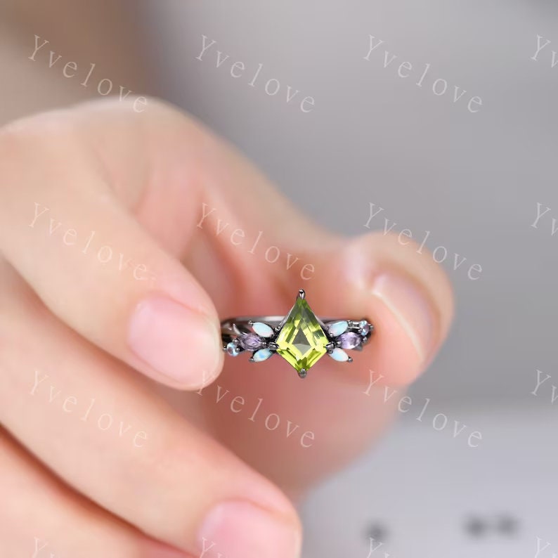 Vintage Kite Cut Green Peridot Engagement Ring Set,Black Gold,Vines Amethyst Opal Ring,Women Bridal Set,Unique Anniversary Promise Ring Gift
