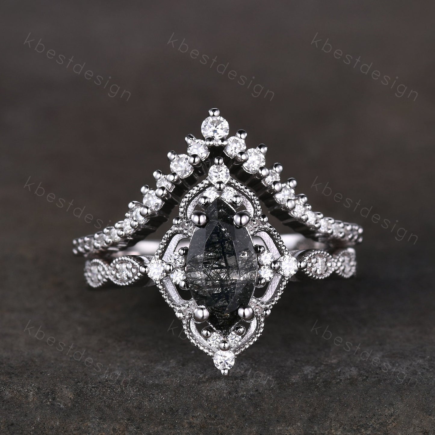 Vintage black rutilated quartz engagement ring set black gold art deco moissanite wedding band marquise cut unique bridal promise ring