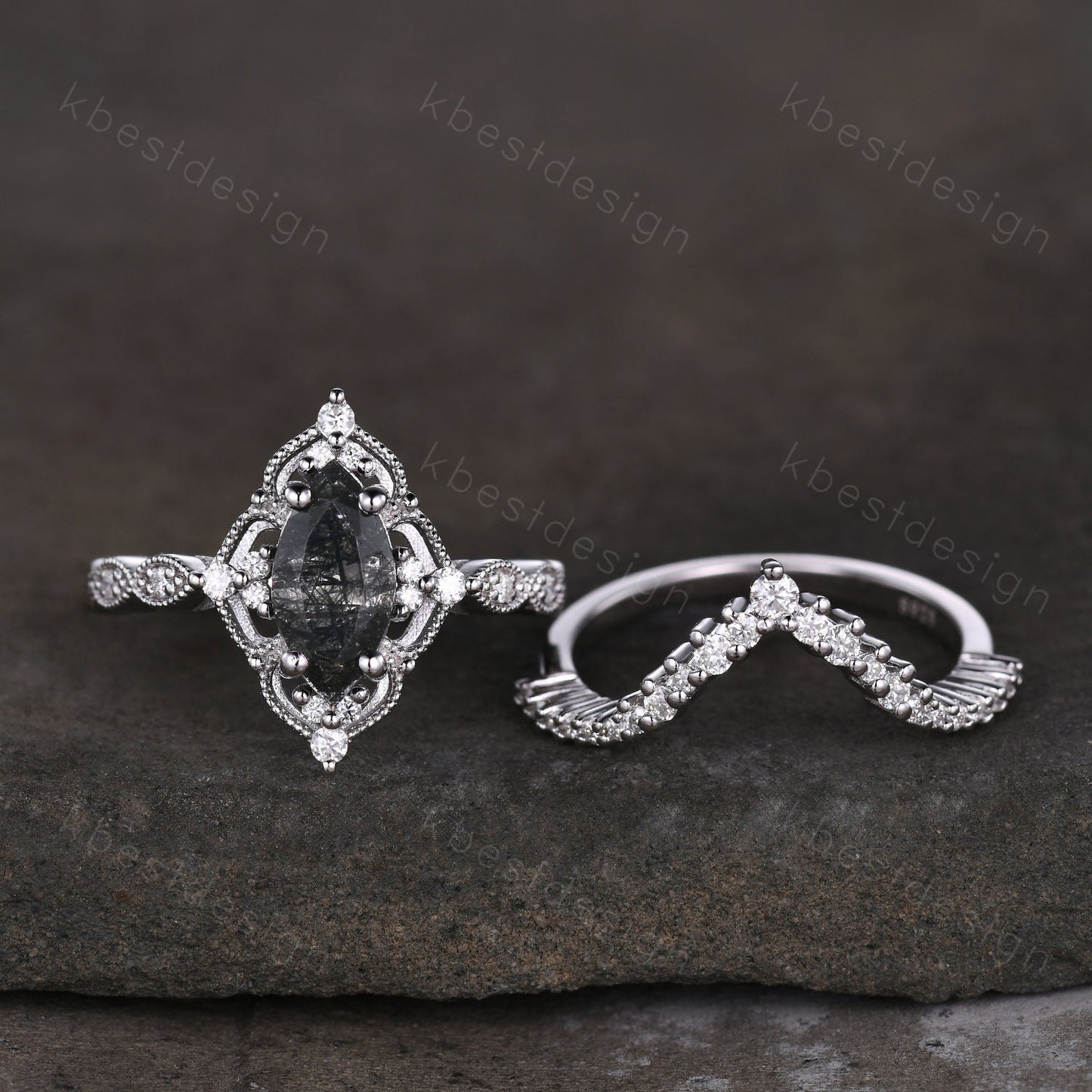 Vintage black rutilated quartz engagement ring silver art deco curved stacking band marquise cut bridal set unique moissanite wedding set