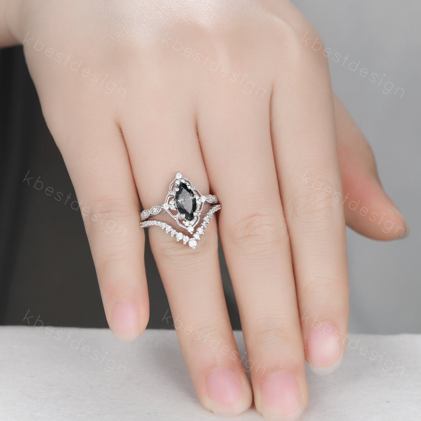 Vintage black rutilated quartz engagement ring silver art deco curved stacking band marquise cut bridal set unique moissanite wedding set