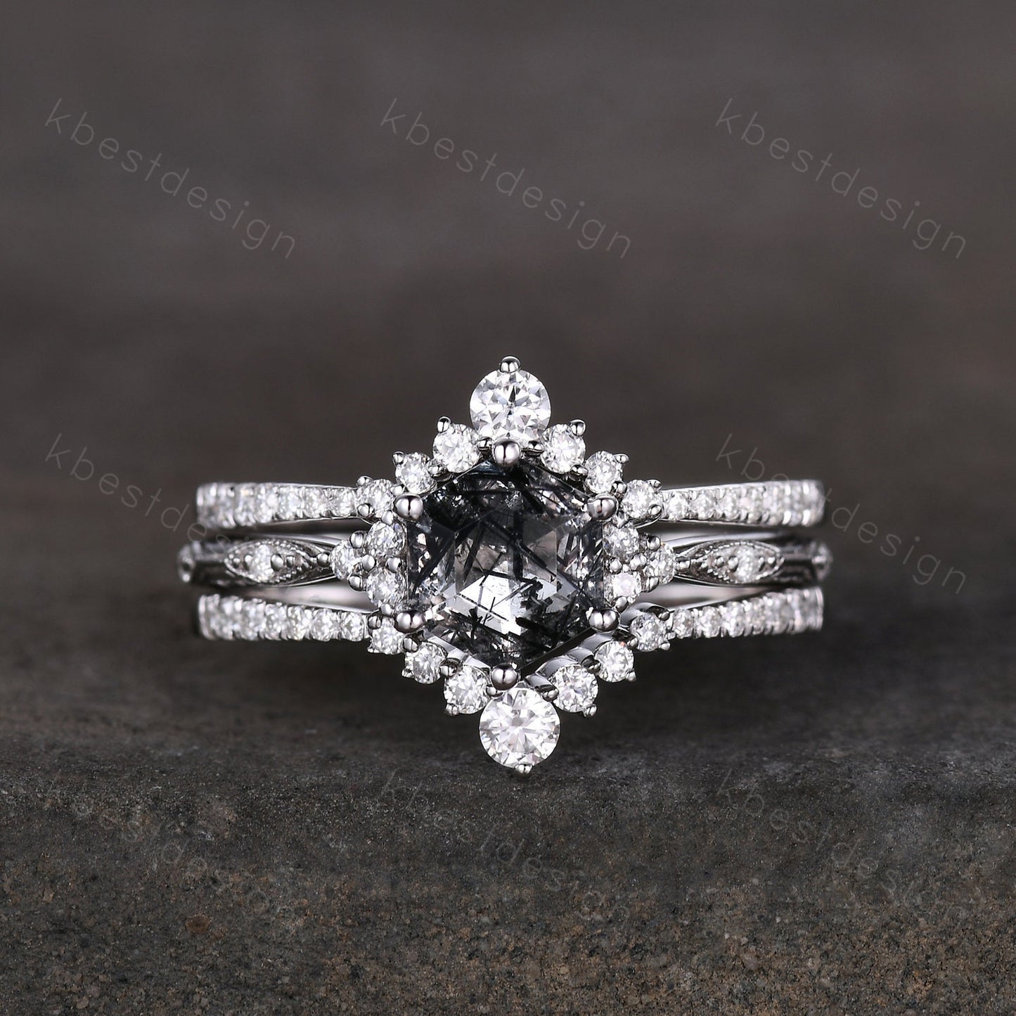 3pcs hexagon cut black rutilated quartz engagement ring silver art deco moissanite ring women stacking matching band unique wedding ring set