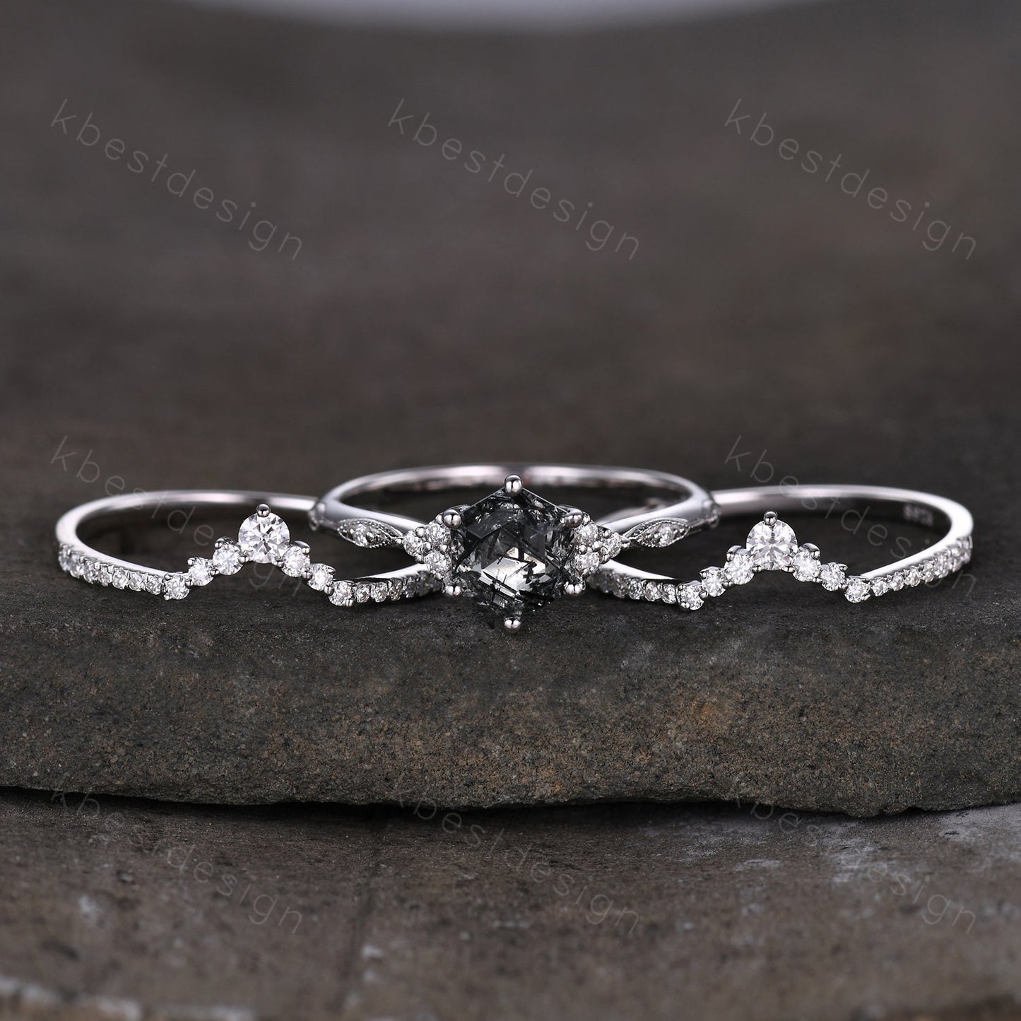 3pcs hexagon cut black rutilated quartz engagement ring silver art deco moissanite ring women stacking matching band unique wedding ring set