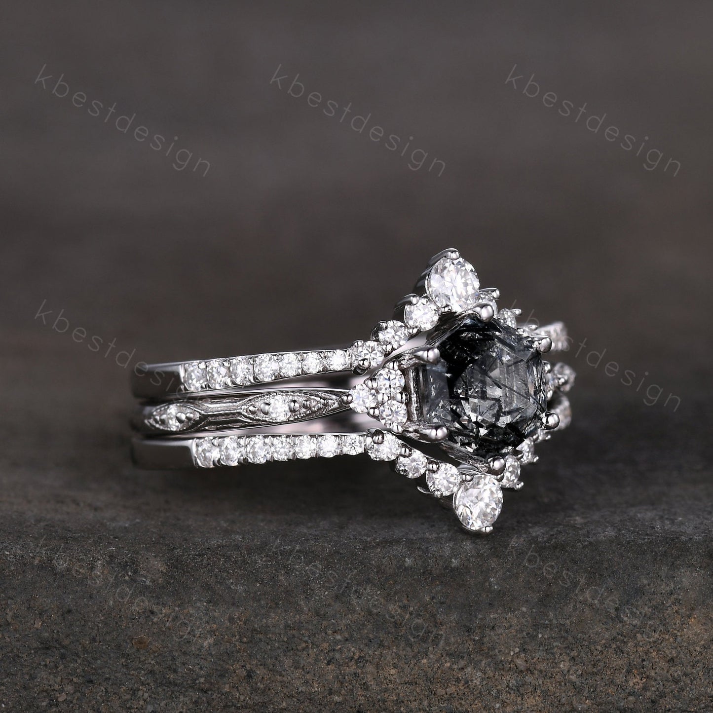 3pcs hexagon cut black rutilated quartz engagement ring silver art deco moissanite ring women stacking matching band unique wedding ring set