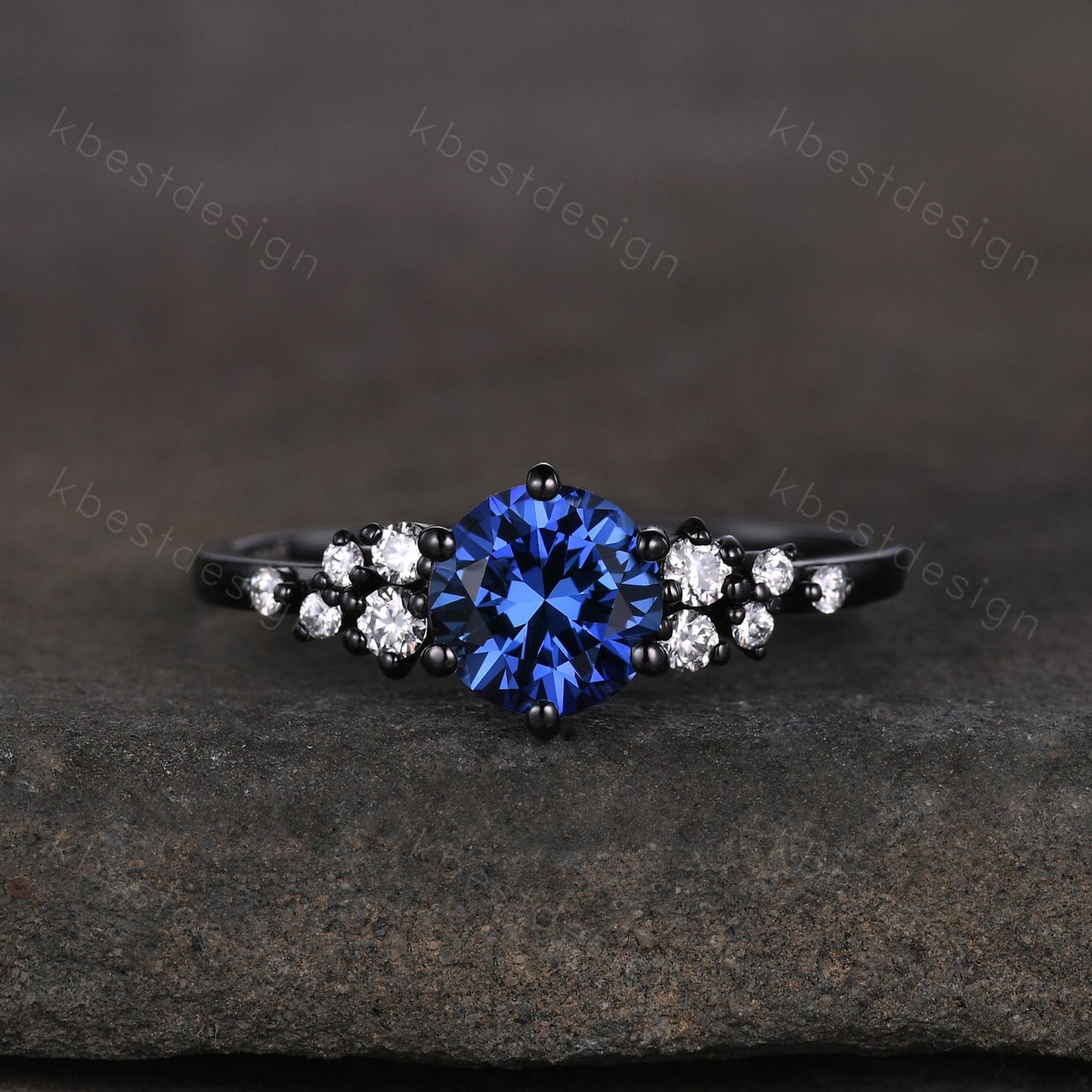 1ct round cut blue sapphire engagement ring unique black gold moissanite ring for women art deco cluster wedding ring bridal promise ring