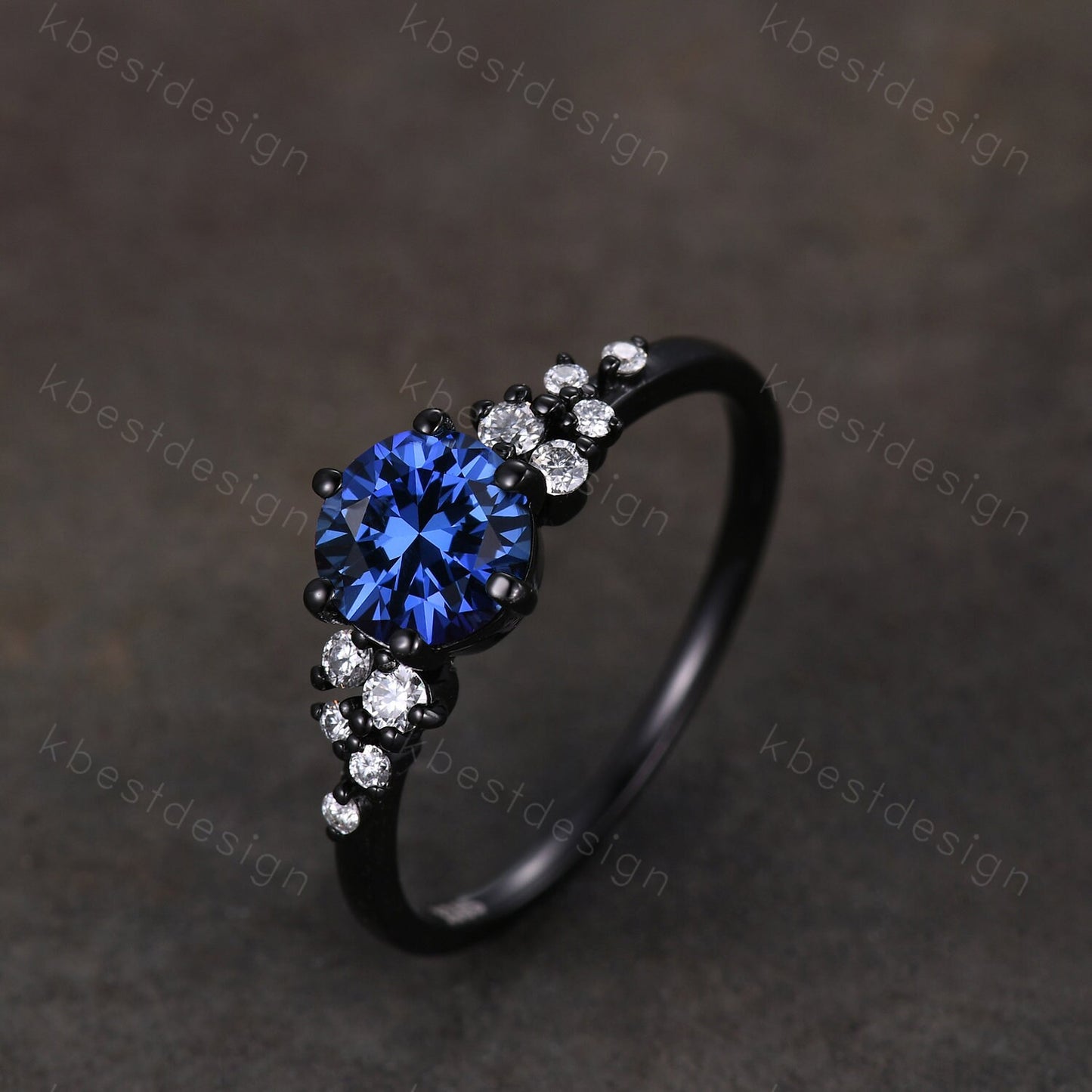 1ct round cut blue sapphire engagement ring unique black gold moissanite ring for women art deco cluster wedding ring bridal promise ring