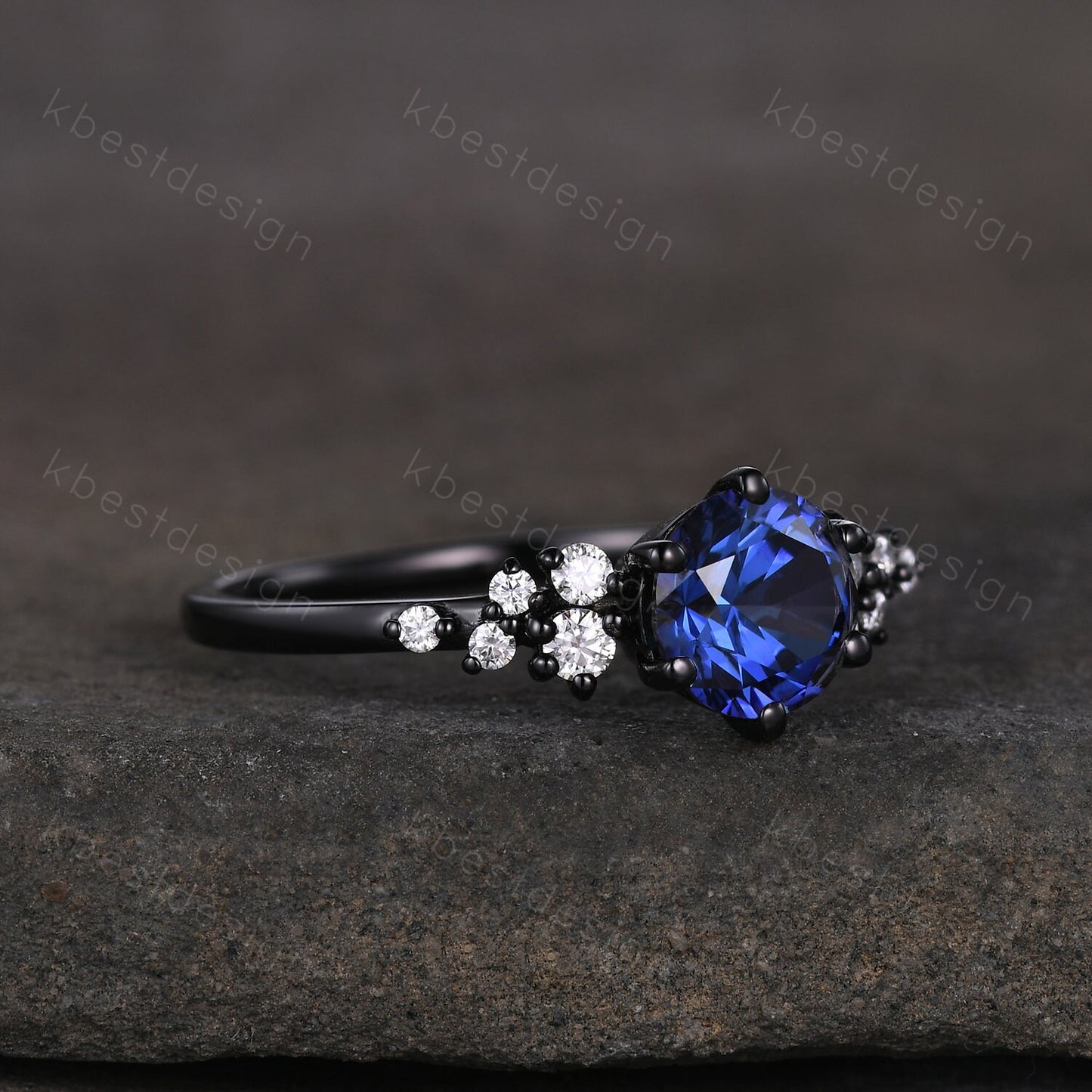 1ct round cut blue sapphire engagement ring unique black gold moissanite ring for women art deco cluster wedding ring bridal promise ring