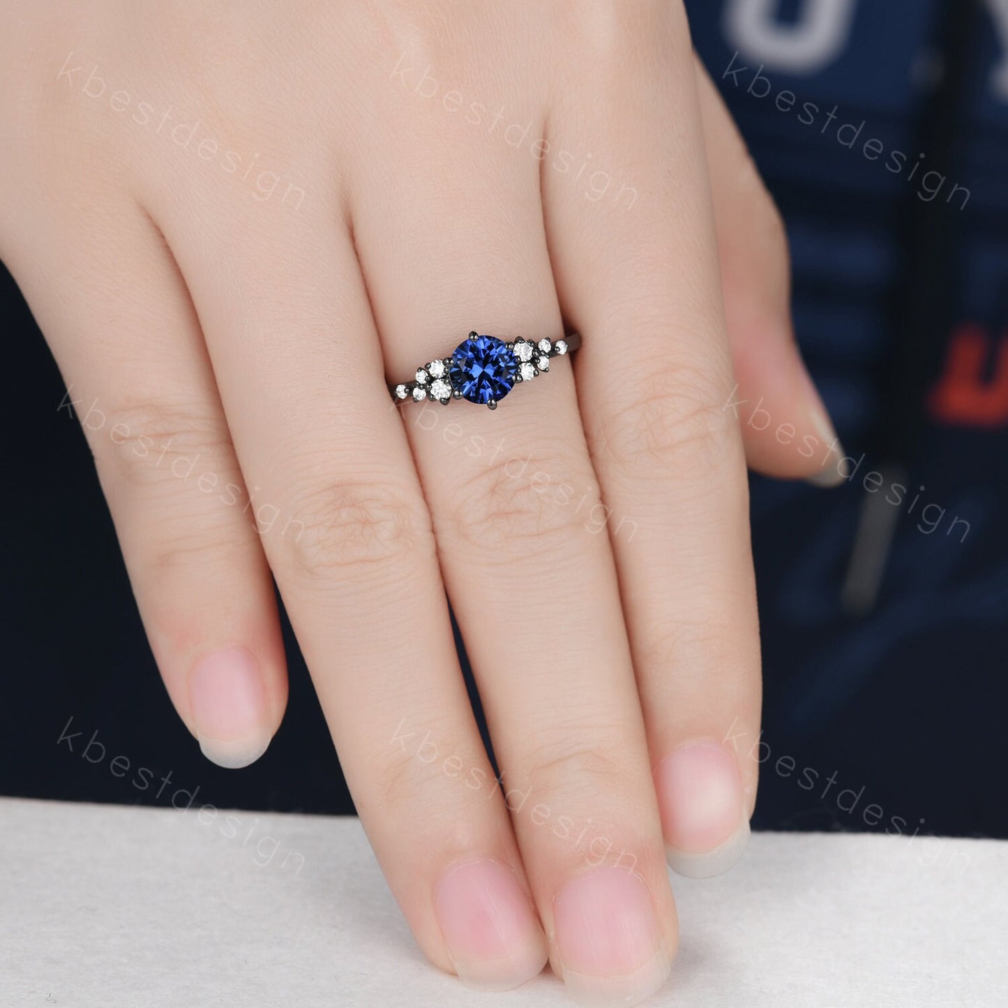 1ct round cut blue sapphire engagement ring unique black gold moissanite ring for women art deco cluster wedding ring bridal promise ring