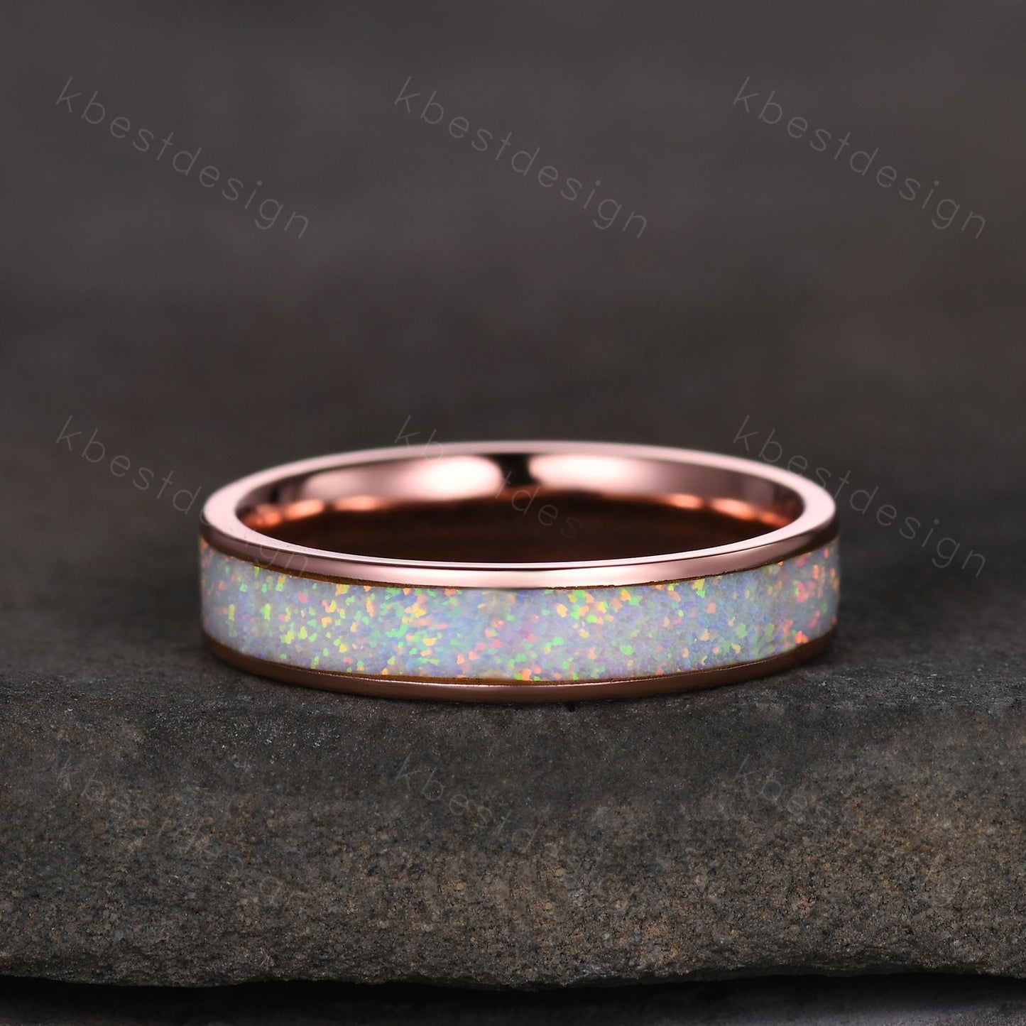 Vintage White Fire Opal Inlay 4mm Wedding Band Rose Gold Eternity Band Opal Wedding Ring For Men For Women October Ring Anniversary Ring