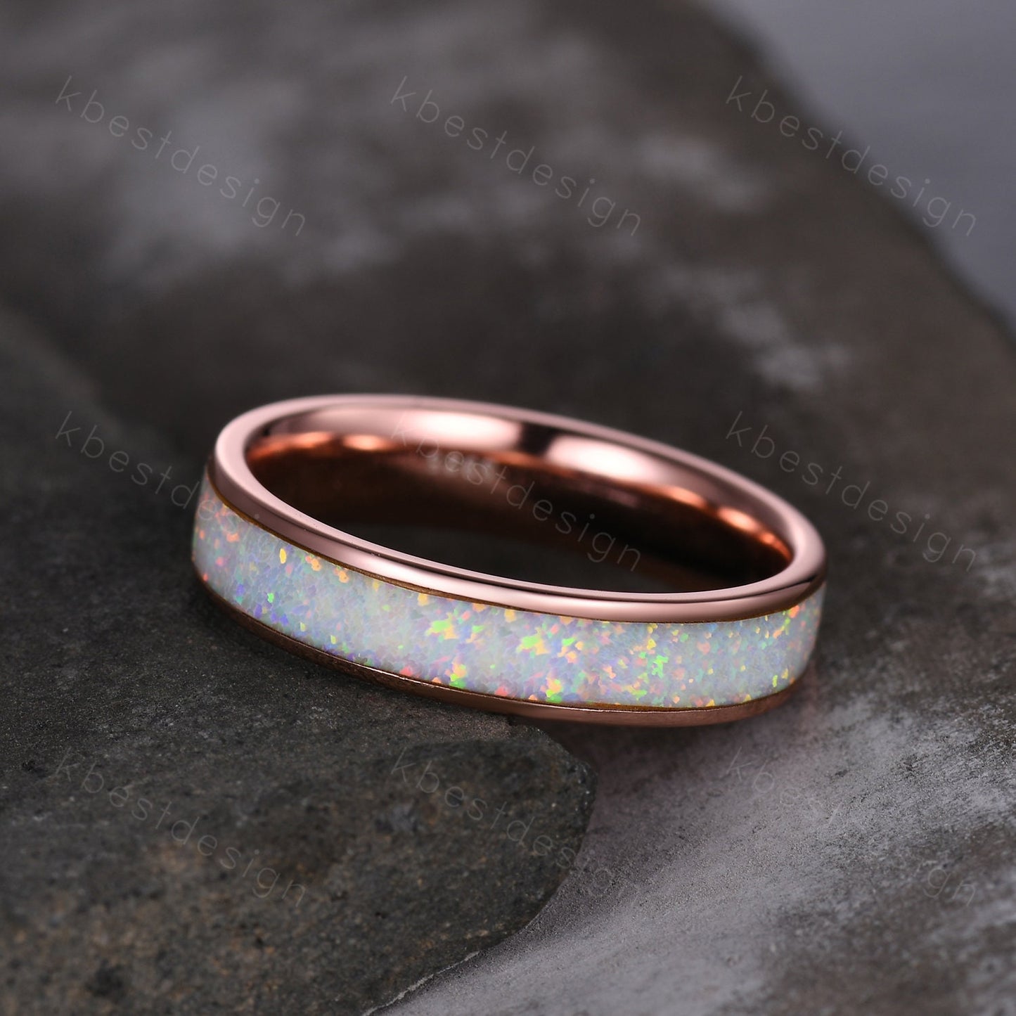 Vintage White Fire Opal Inlay 4mm Wedding Band Rose Gold Eternity Band Opal Wedding Ring For Men For Women October Ring Anniversary Ring