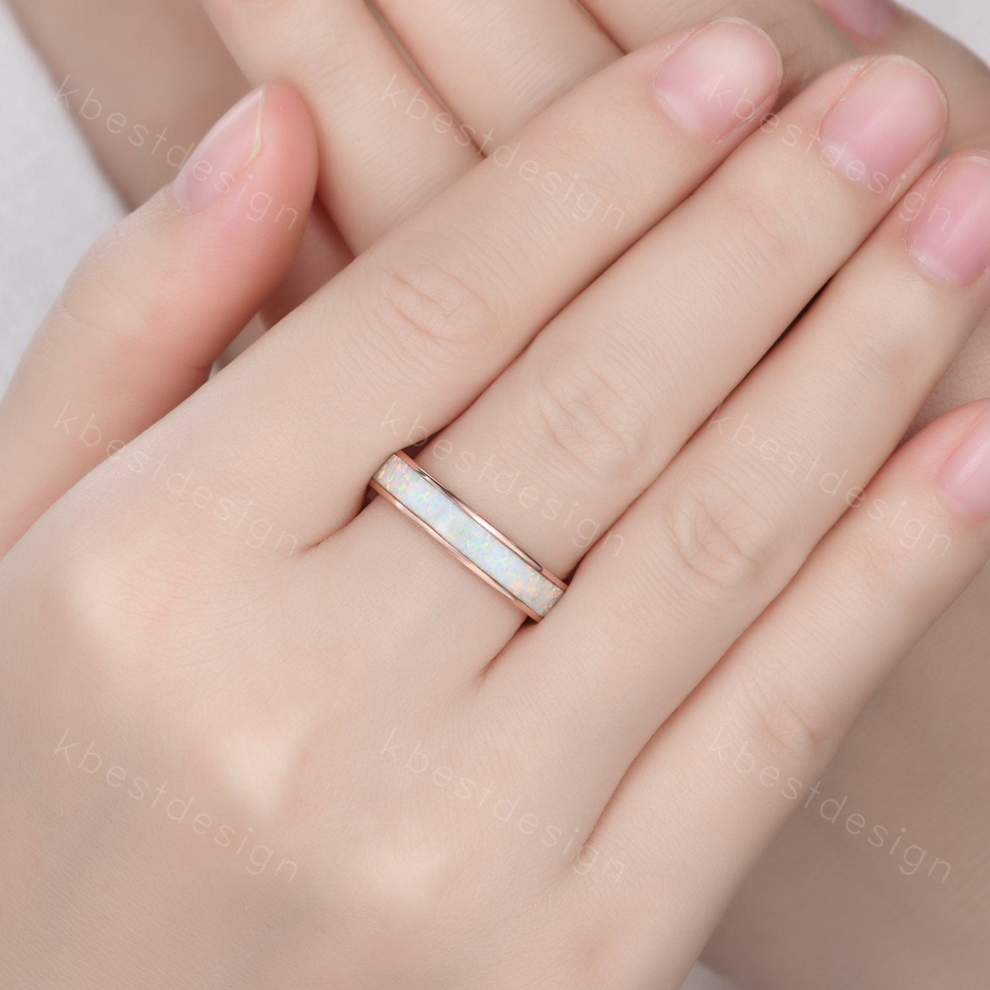 Vintage White Fire Opal Inlay 4mm Wedding Band Rose Gold Eternity Band Opal Wedding Ring For Men For Women October Ring Anniversary Ring