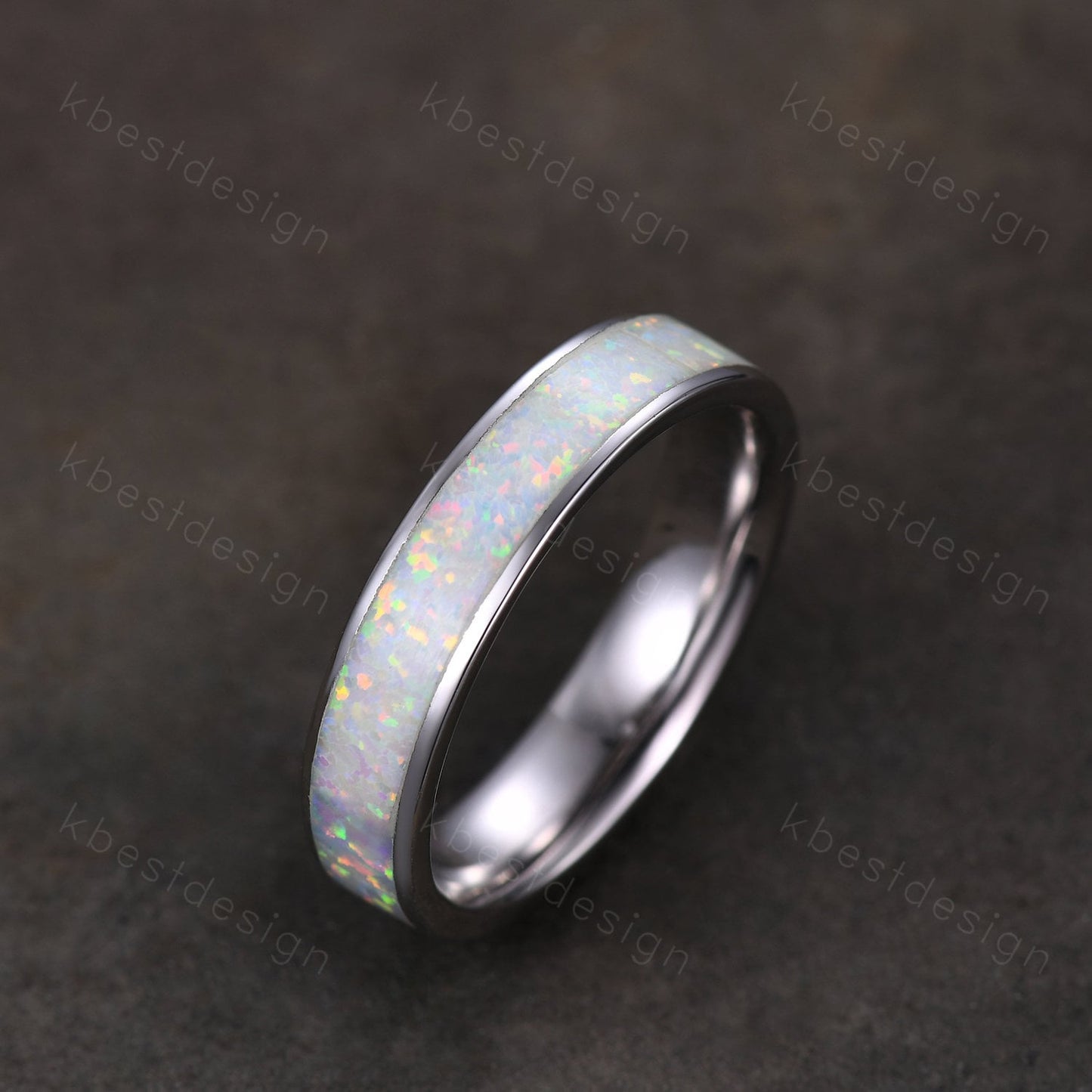 Vintage White Fire Opal Inlay 4mm Wedding Band Rose Gold Eternity Band Opal Wedding Ring For Men For Women October Ring Anniversary Ring