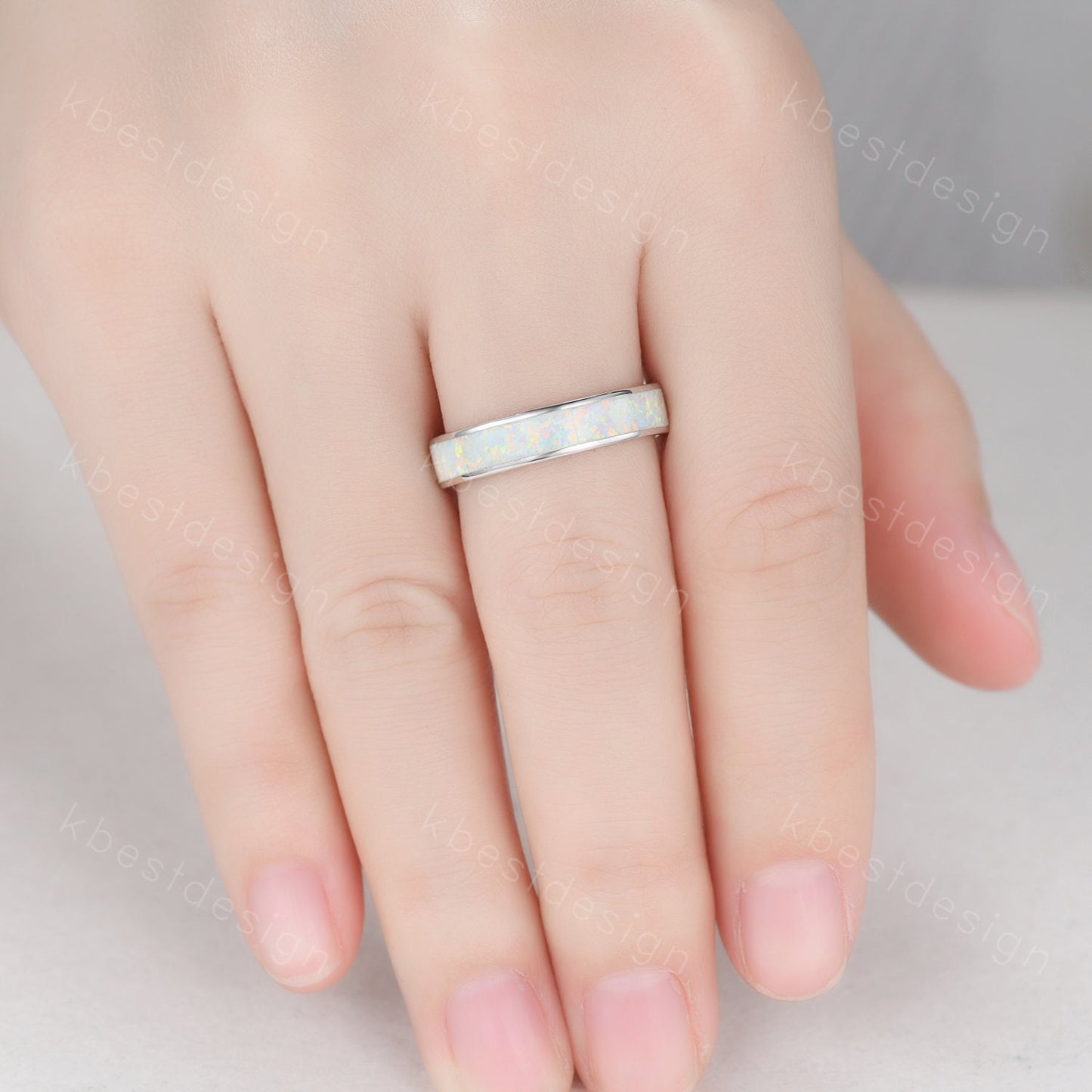 Vintage White Fire Opal Inlay 4mm Wedding Band Rose Gold Eternity Band Opal Wedding Ring For Men For Women October Ring Anniversary Ring
