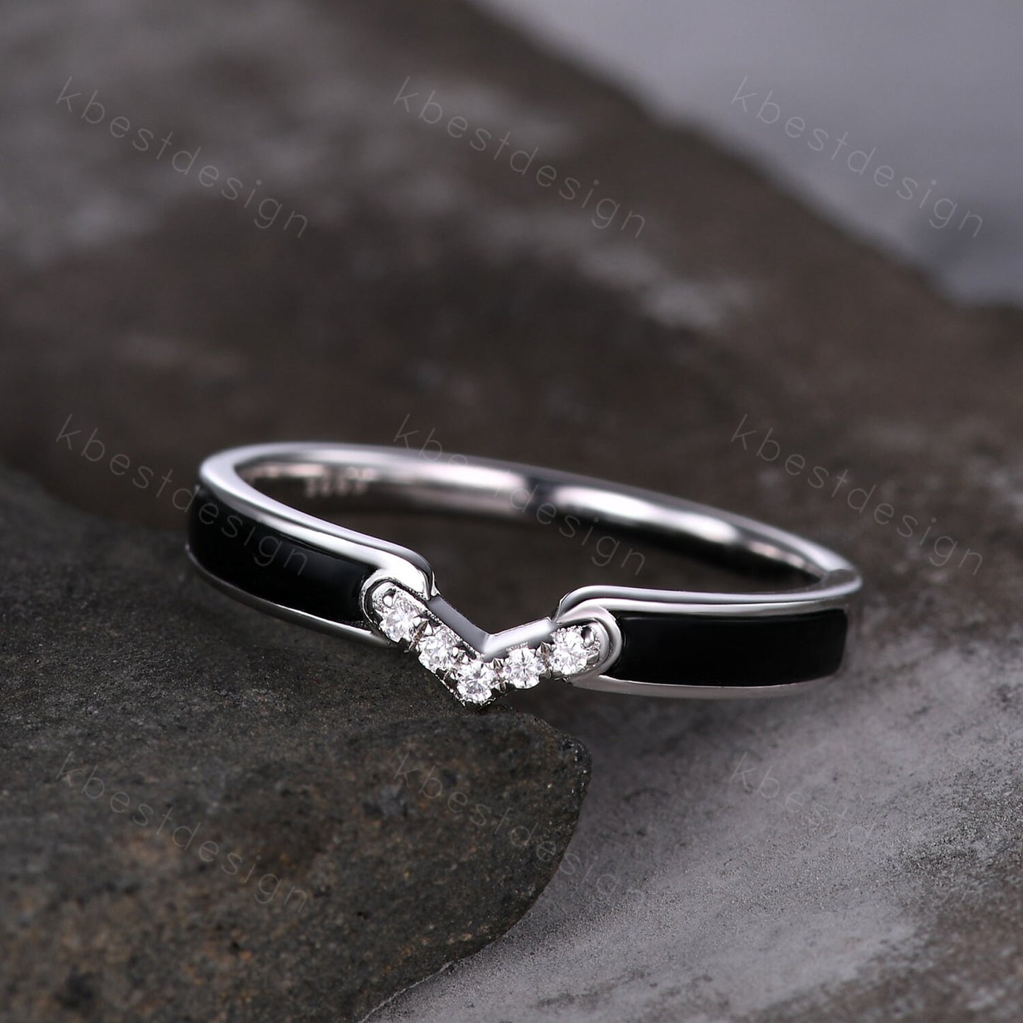 Curved Black Onyx Wedding Band Silver White Gold Ring Unique V Curved Stacking Matching Band Half Eternity Band Anniversary Gift for Her