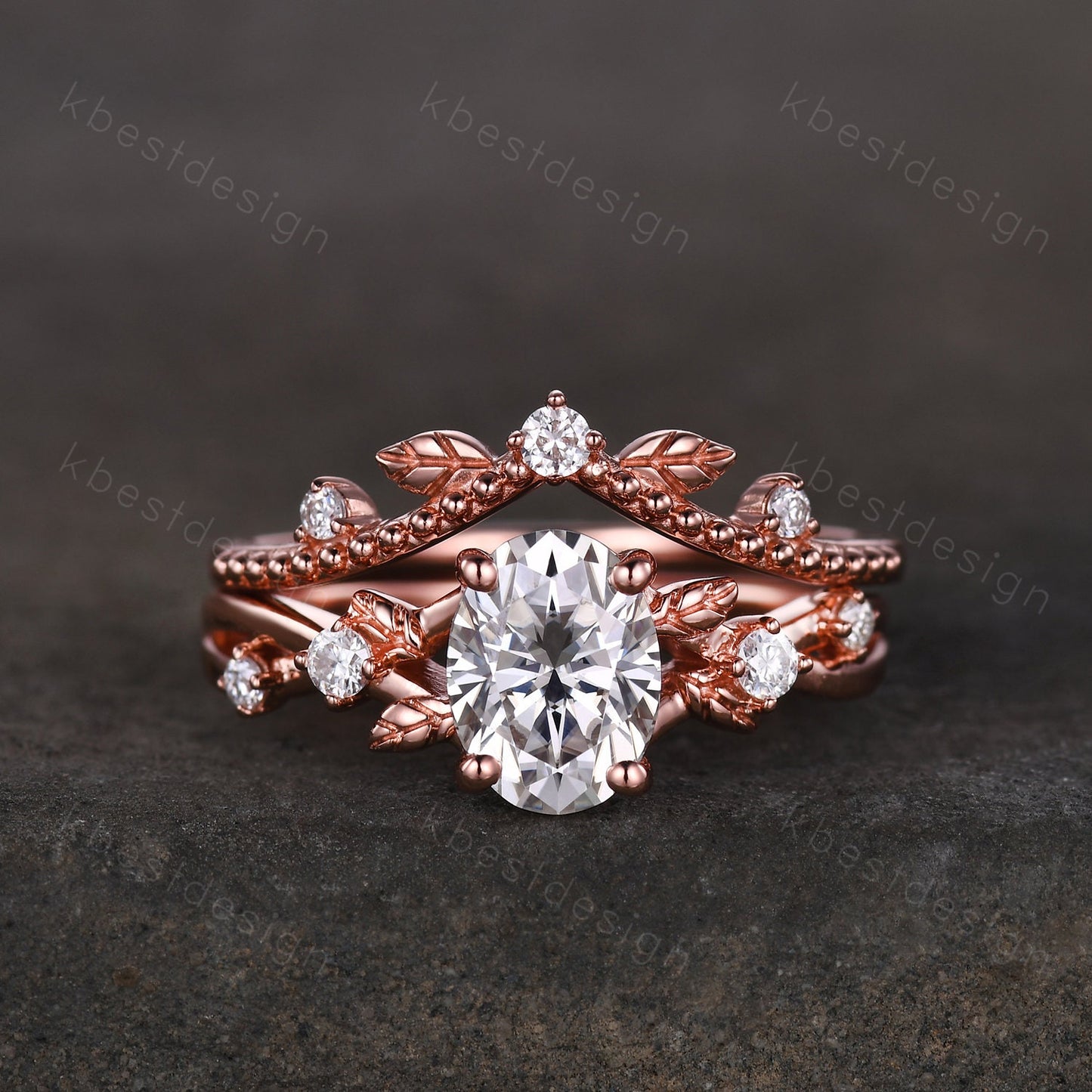Vintage oval moissanite engagement ring set rose gold twig leaf stacking ring nature branch ring unique art deco bridal wedding ring set
