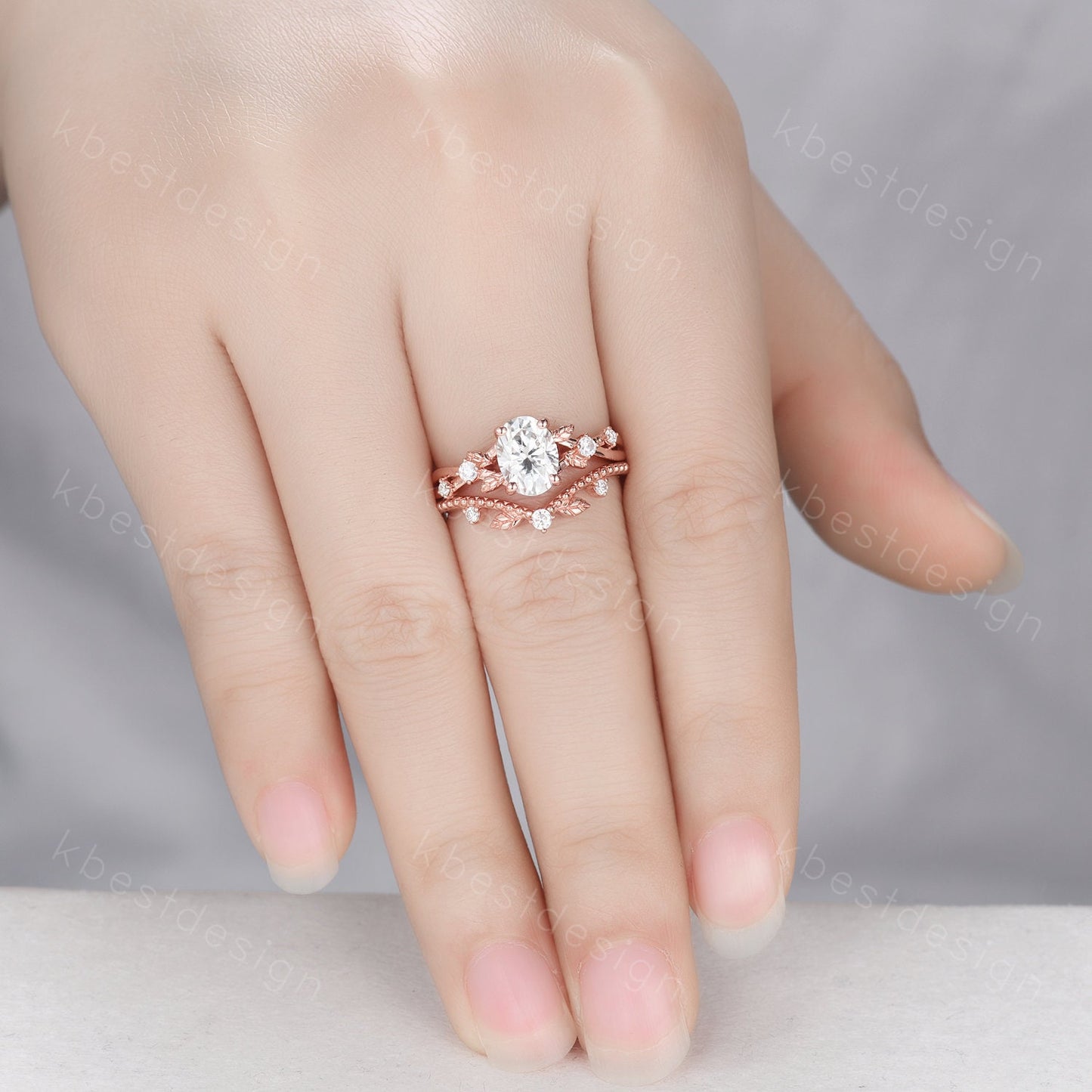 Vintage oval moissanite engagement ring set rose gold twig leaf stacking ring nature branch ring unique art deco bridal wedding ring set