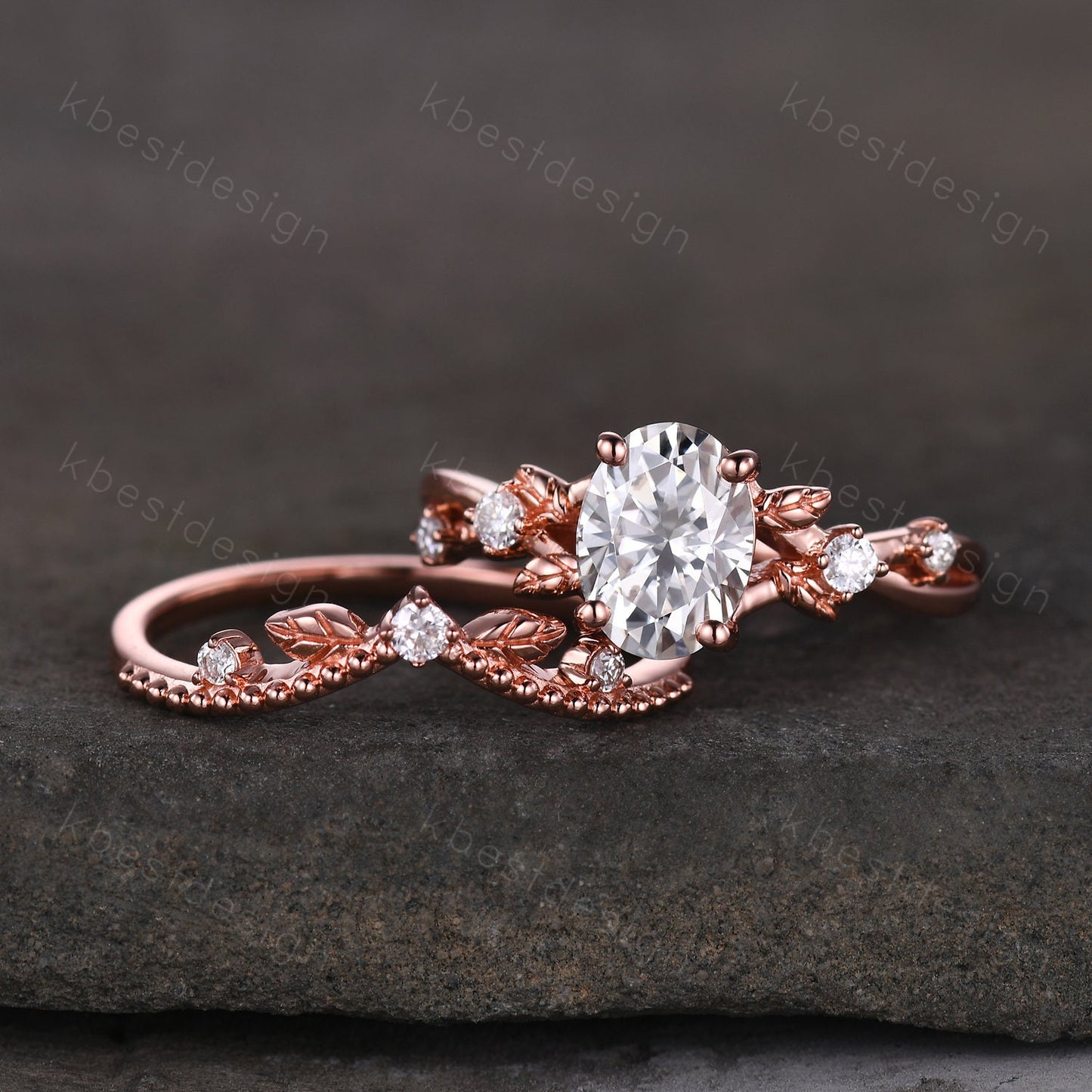 Vintage oval moissanite engagement ring set rose gold twig leaf stacking ring nature branch ring unique art deco bridal wedding ring set