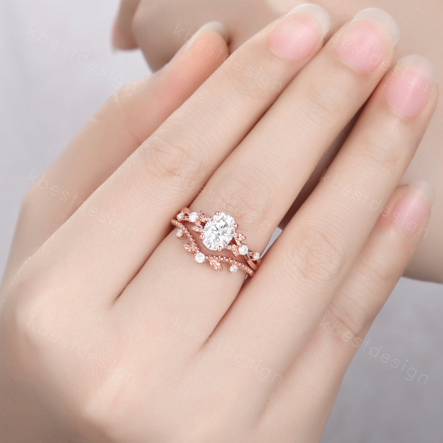Vintage oval moissanite engagement ring set rose gold twig leaf stacking ring nature branch ring unique art deco bridal wedding ring set