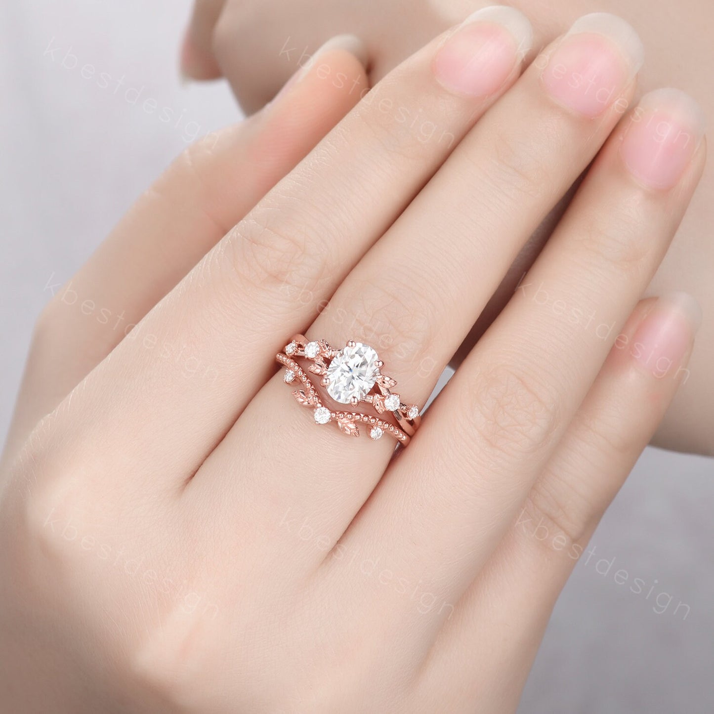 Vintage oval moissanite engagement ring set rose gold twig leaf stacking ring nature branch ring unique art deco bridal wedding ring set