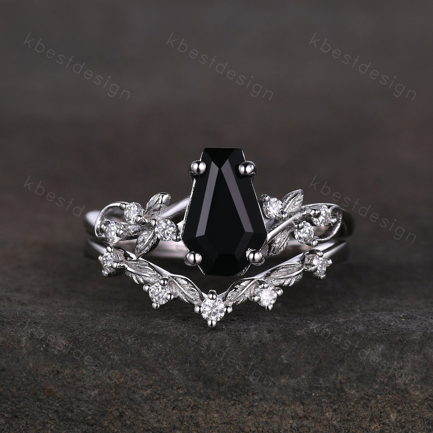 Vintage coffin cut black onyx engagement ring set silver twig leaf moissanite ring nature branch ring unique bridal wedding ring set