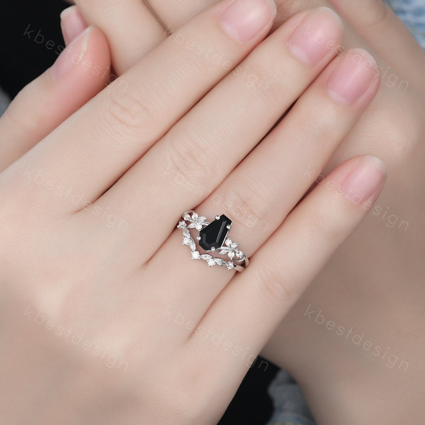 Vintage coffin cut black onyx engagement ring set silver twig leaf moissanite ring nature branch ring unique bridal wedding ring set