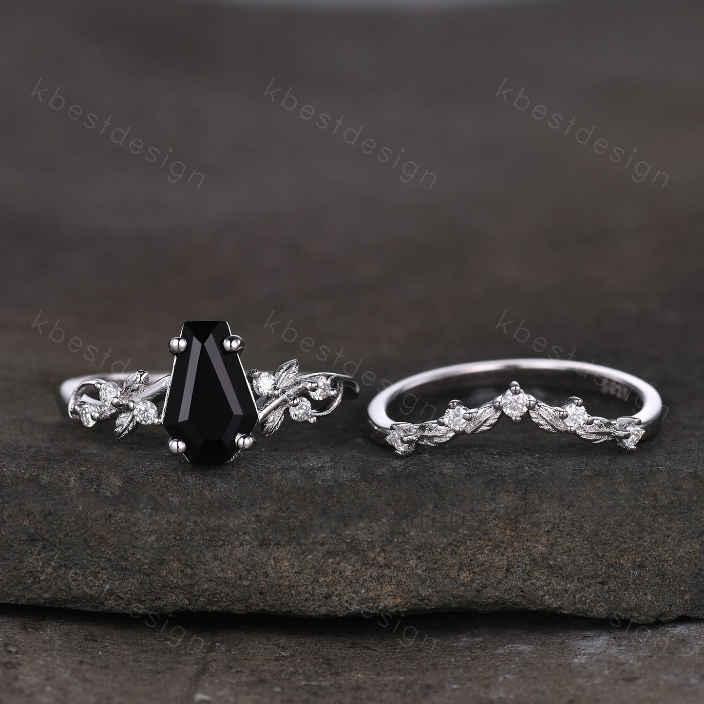 Vintage coffin cut black onyx engagement ring set silver twig leaf moissanite ring nature branch ring unique bridal wedding ring set