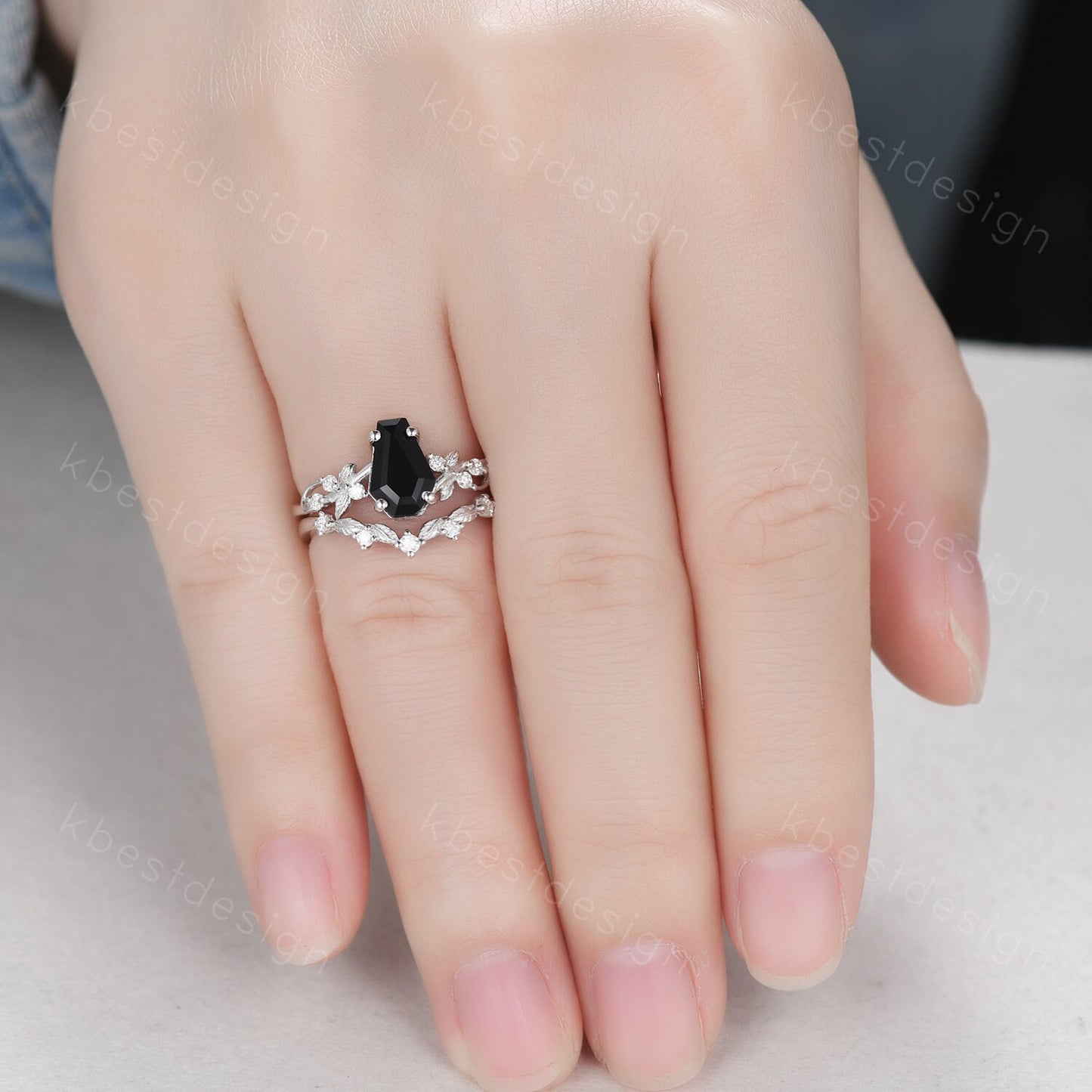 Vintage coffin cut black onyx engagement ring set silver twig leaf moissanite ring nature branch ring unique bridal wedding ring set