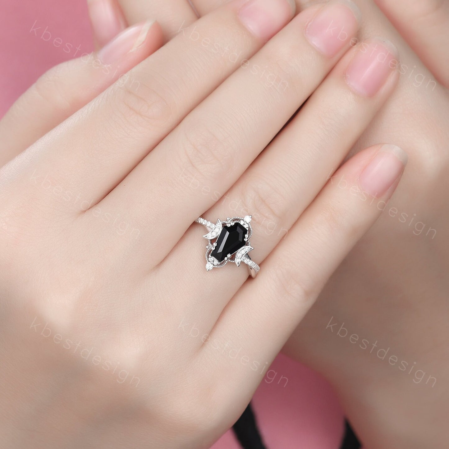 3PCS black onyx engagement ring sterling silver ring art deco curved stacking band coffin shaped bridal set unique moissanite wedding set