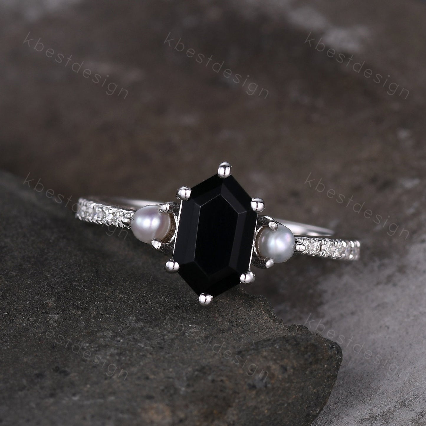 Retro vintage black onyx ring solid gold hexagon cut engagement ring unique pearl three stone ring unique black gemstone promise gift