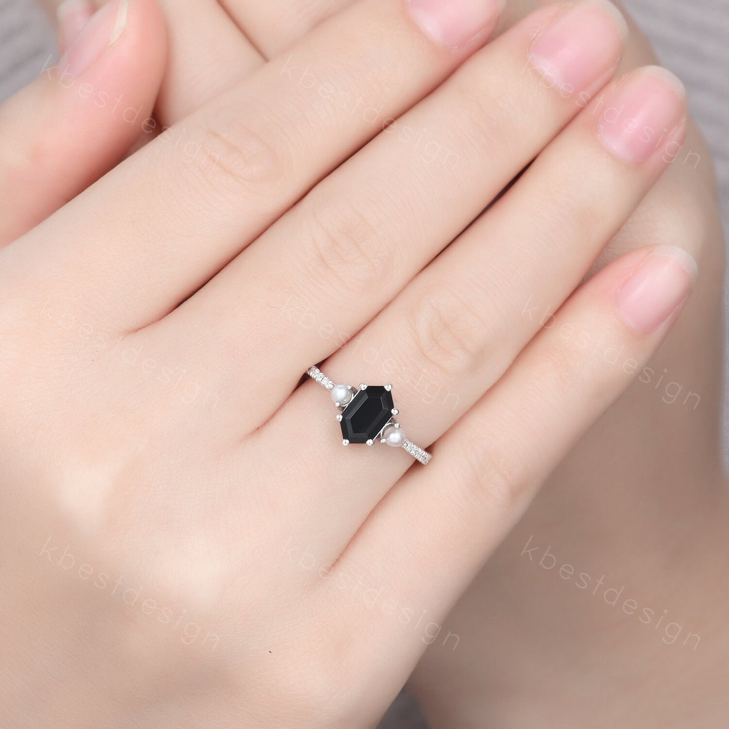 Retro vintage black onyx ring solid gold hexagon cut engagement ring unique pearl three stone ring unique black gemstone promise gift