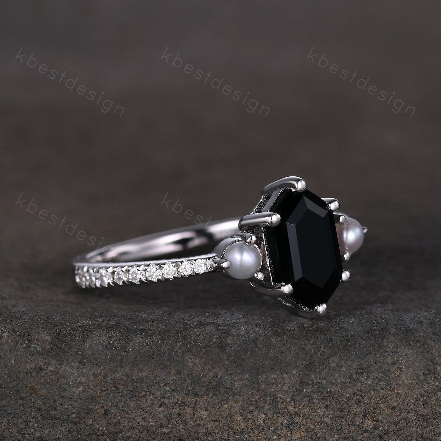 Vintage black onyx ring silver gold ring retro hexagon cut engagement ring unique pearl three stone ring unique black gemstone promise ring