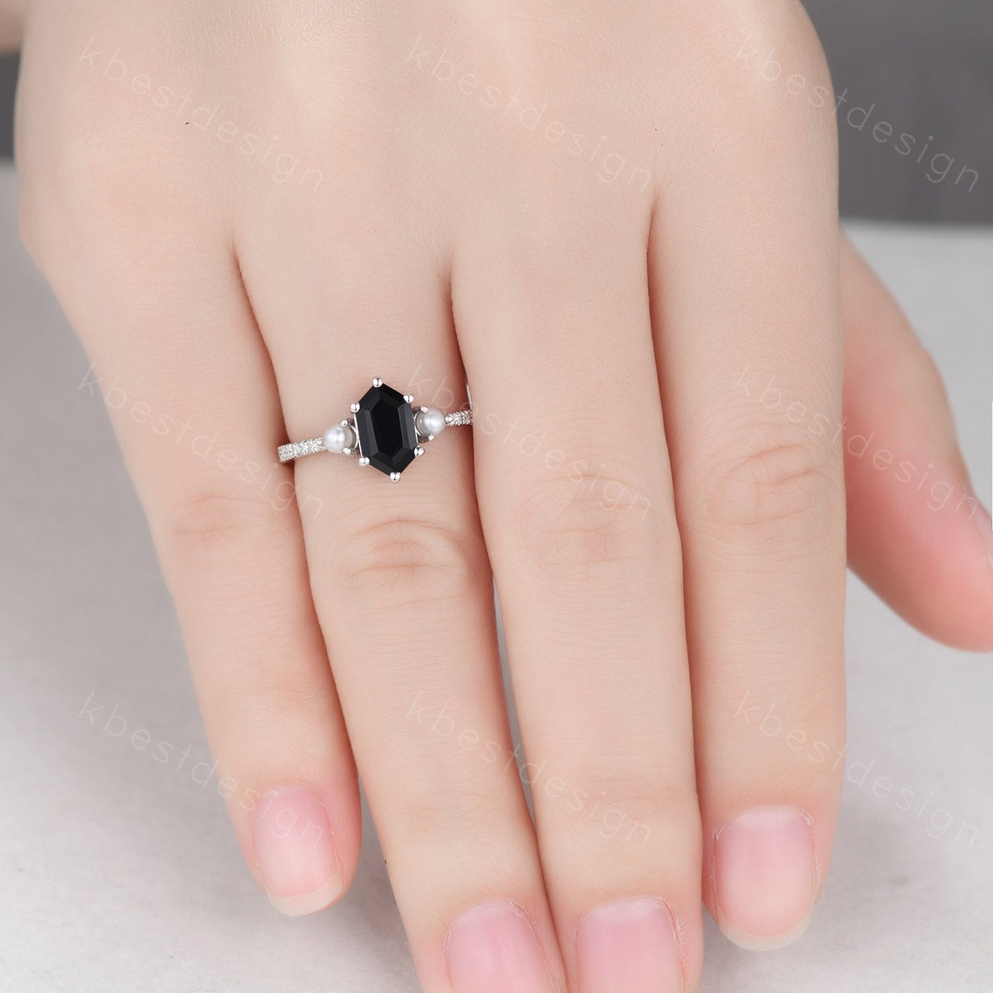 Vintage black onyx ring silver gold ring retro hexagon cut engagement ring unique pearl three stone ring unique black gemstone promise ring