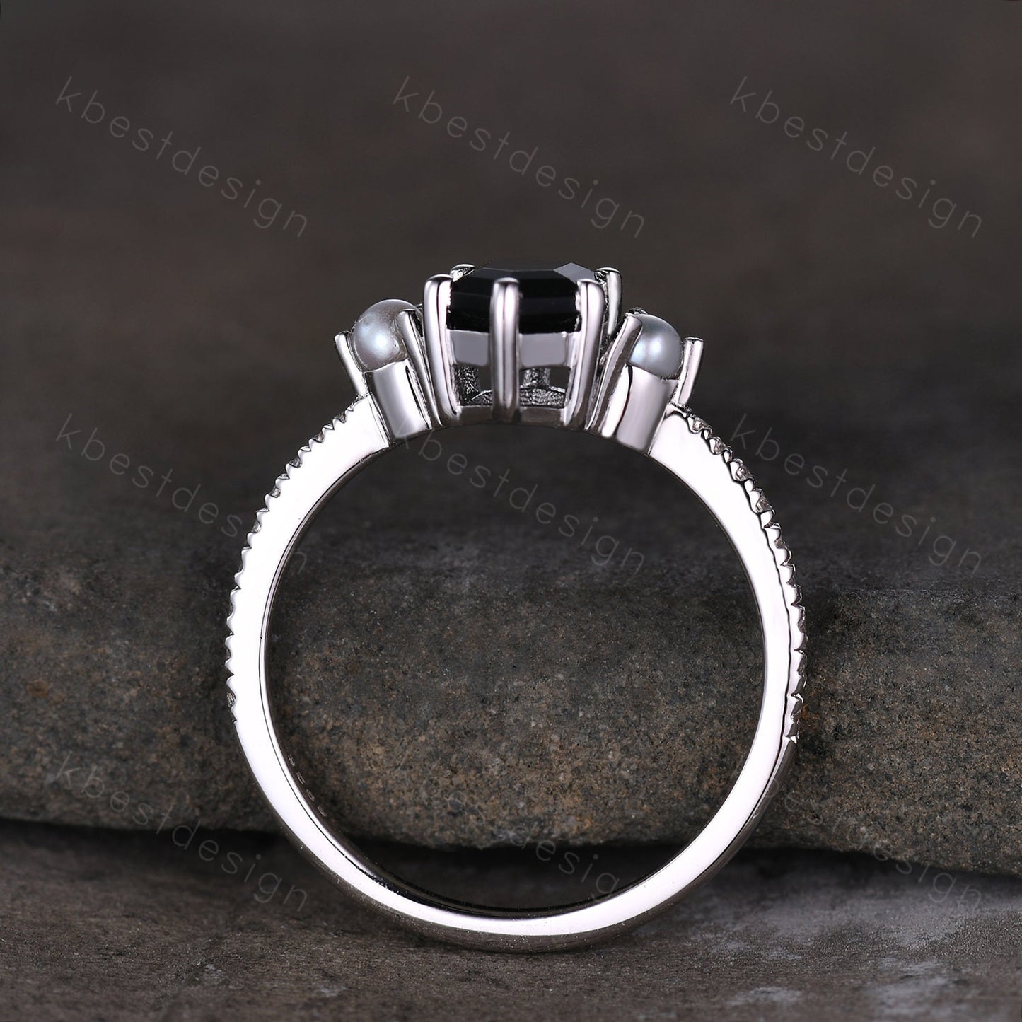 Vintage black onyx ring silver gold ring retro hexagon cut engagement ring unique pearl three stone ring unique black gemstone promise ring
