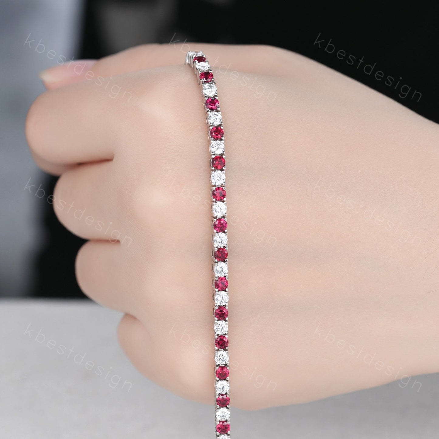 3mm Diamond Ruby Tennis Bracelet, 6.00TCW Round Cut Bracelet for Women, Wedding Jewelry, Dainty Silver Bracelet, Sparkling Diamond Chain