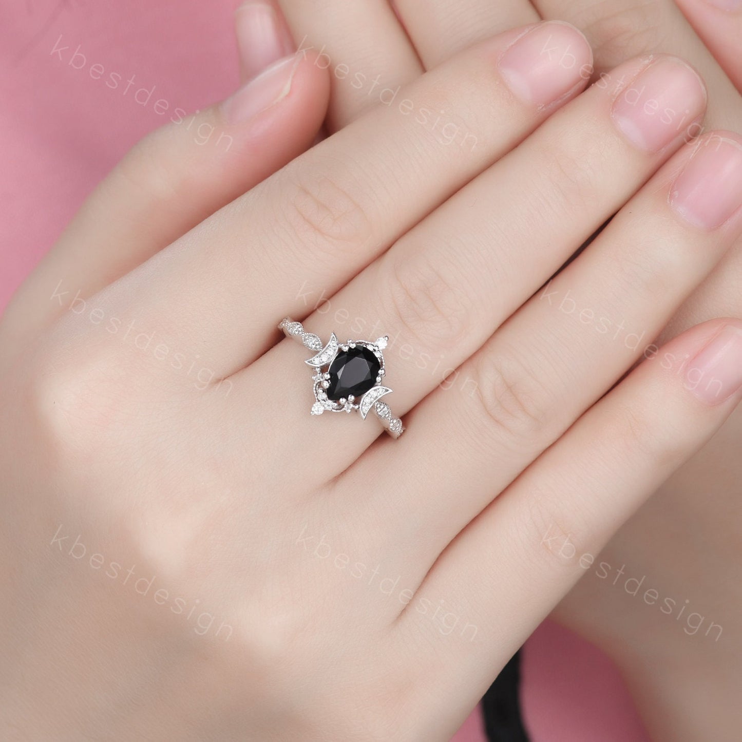 Vintage black onyx engagement ring pear cut ring silver unique moon style ring art deco moissanite wedding ring promise anniversary ring