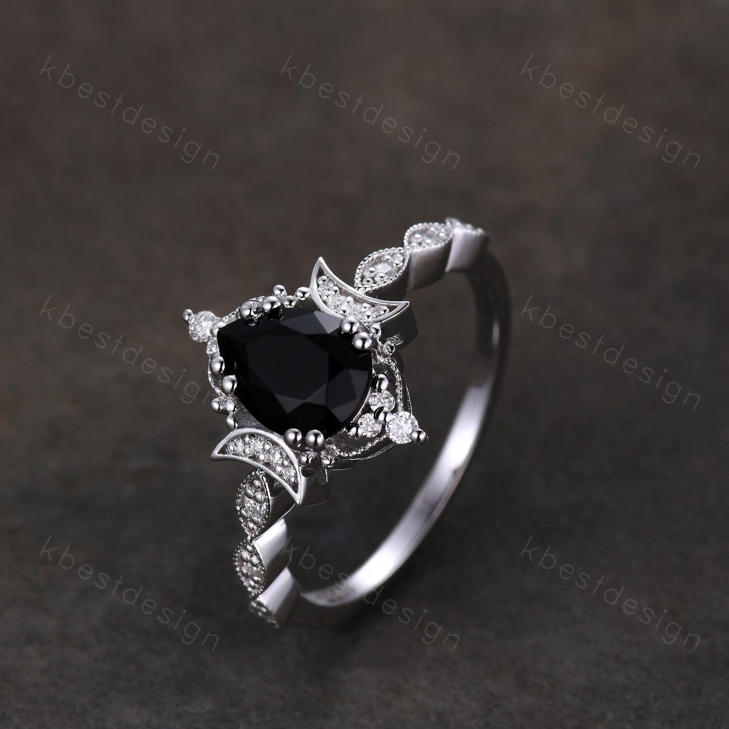 Vintage black onyx engagement ring pear cut ring silver unique moon style ring art deco moissanite wedding ring promise anniversary ring
