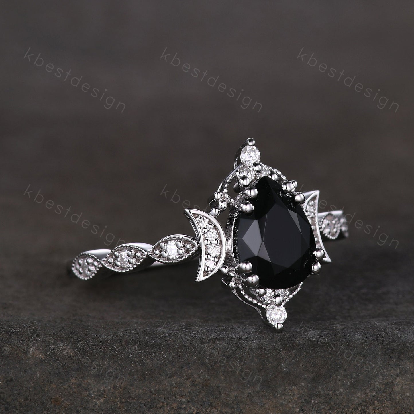 Vintage black onyx engagement ring pear cut ring silver unique moon style ring art deco moissanite wedding ring promise anniversary ring