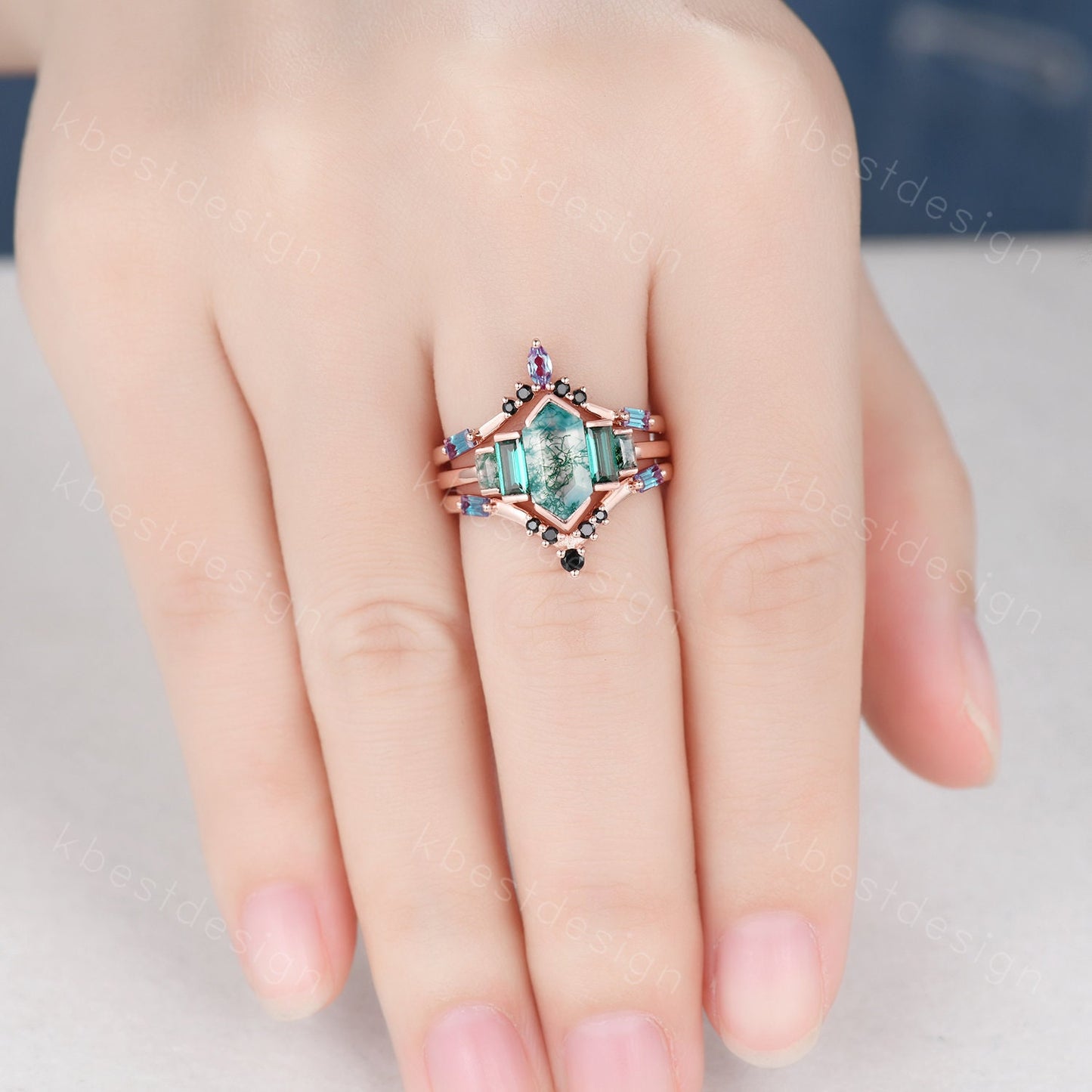 Vintage moss agate engagement ring Set Unique rose gold baguette cut emerald ring Retro Double curved Alexandrite wedding band Bridal ring
