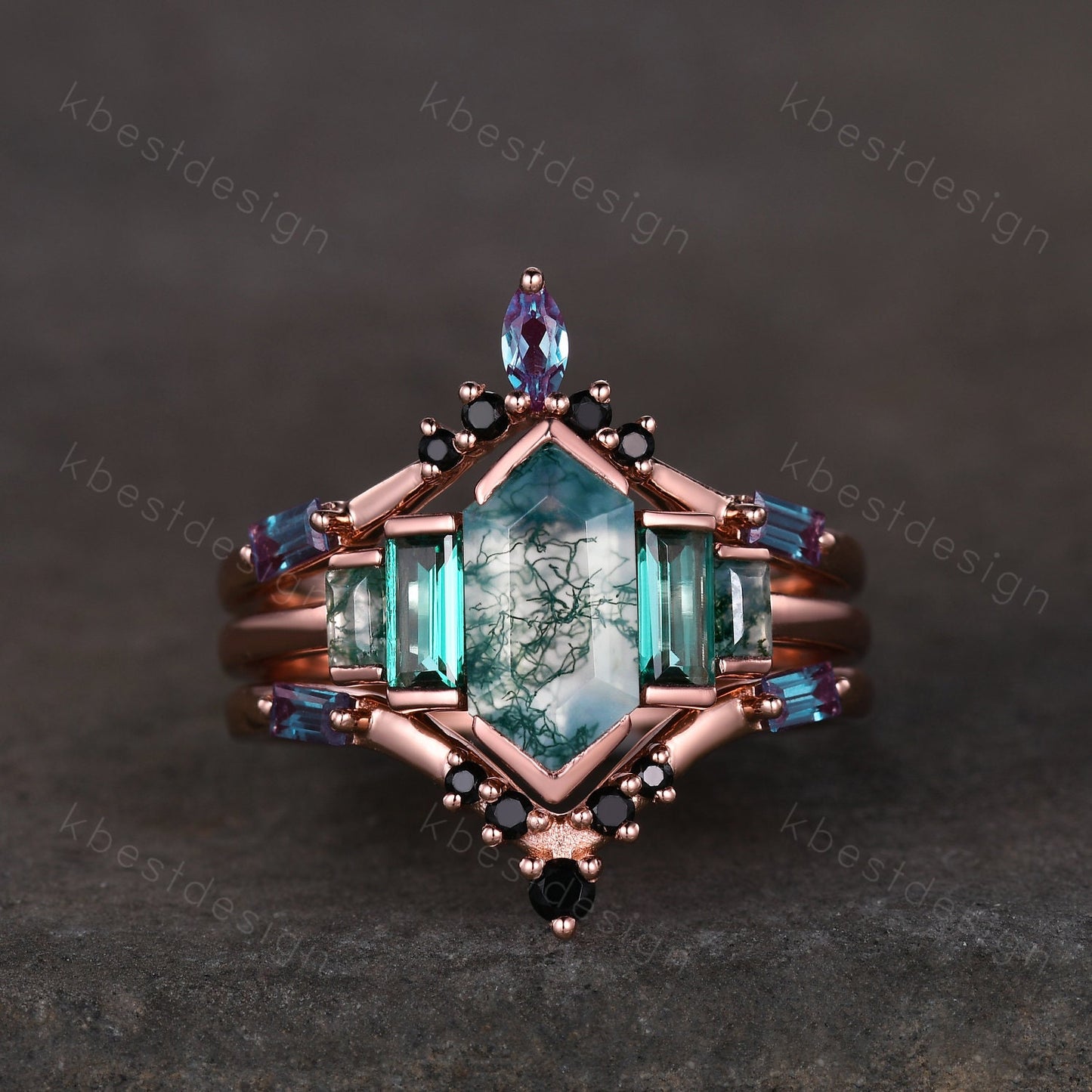 Vintage moss agate engagement ring Set Unique rose gold baguette cut emerald ring Retro Double curved Alexandrite wedding band Bridal ring