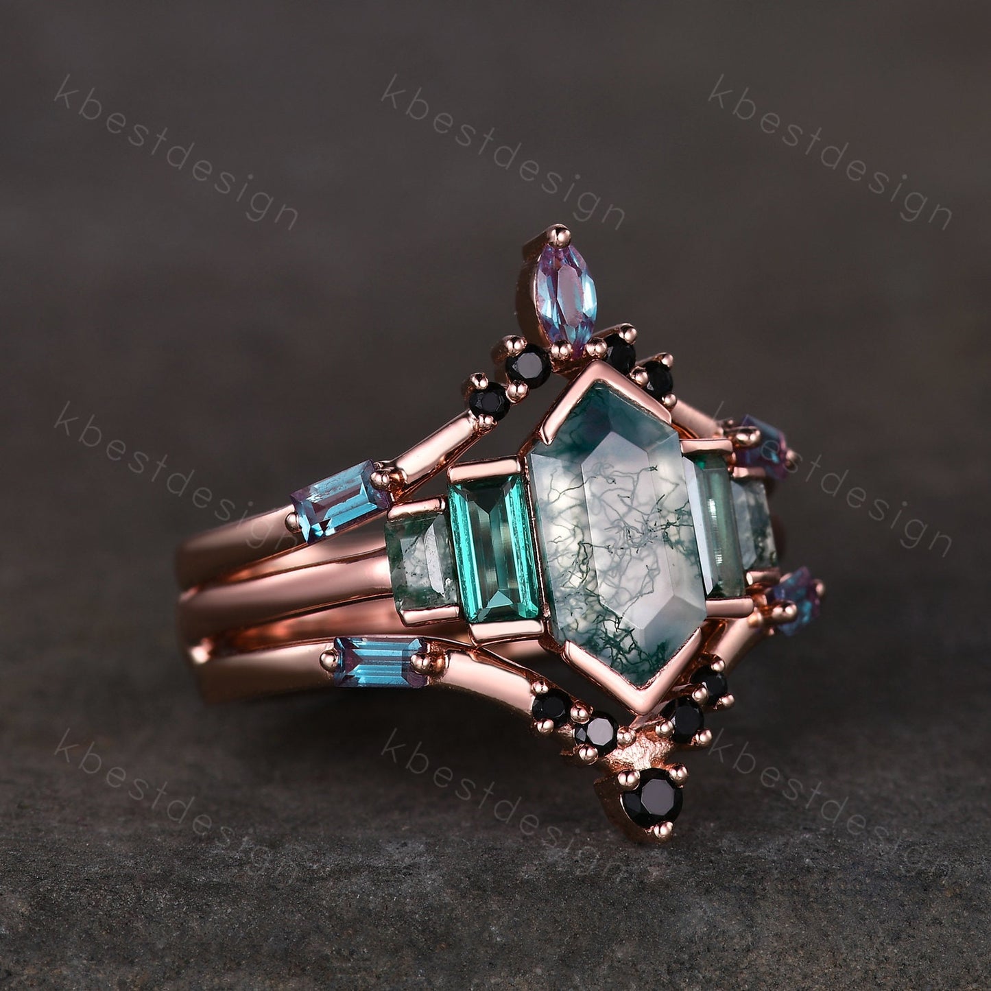 Vintage moss agate engagement ring Set Unique rose gold baguette cut emerald ring Retro Double curved Alexandrite wedding band Bridal ring